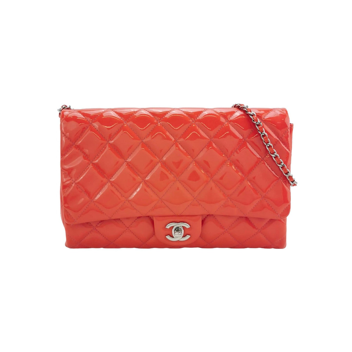 Chanel Shoulder Bag Large Orange Patent Leather