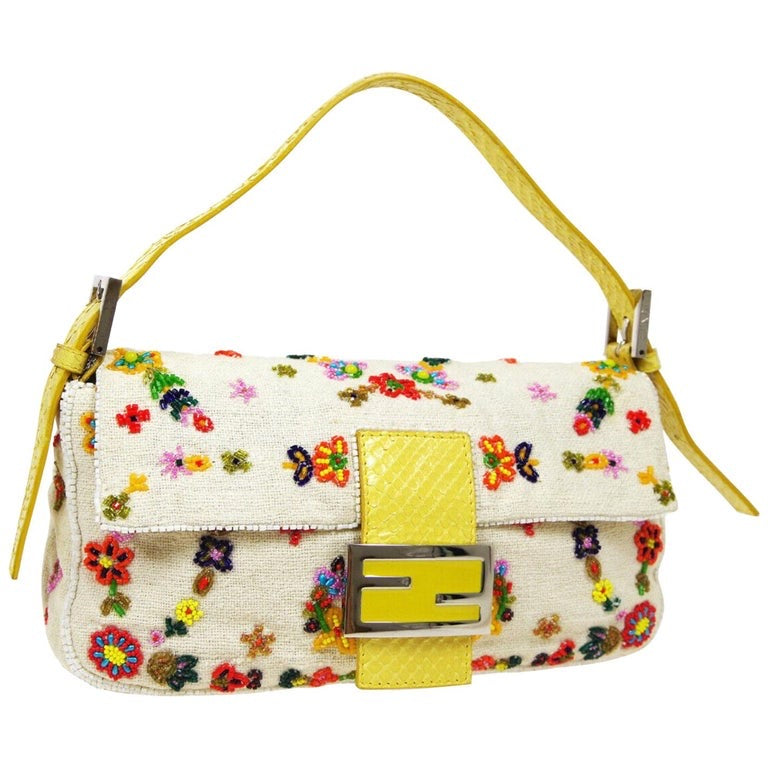 Fendi Baguette glitter white canvas with floral beads