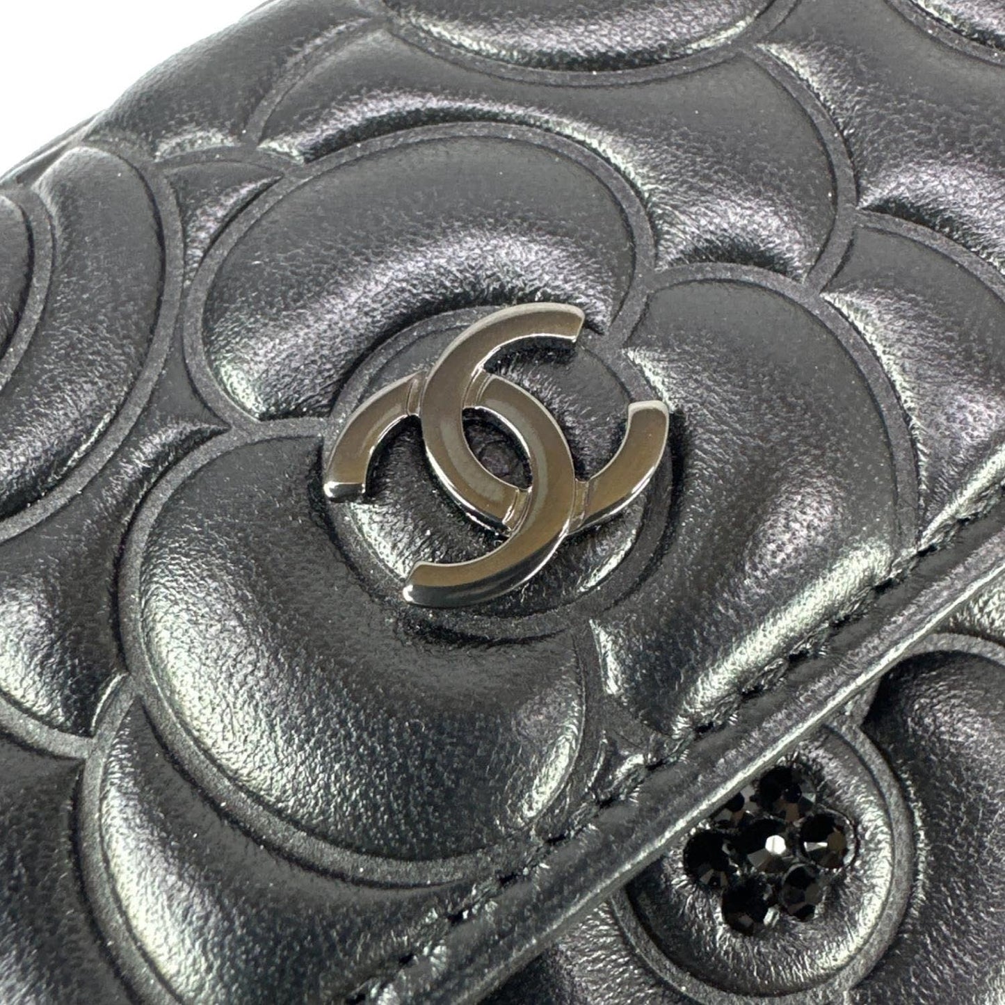 CHANEL Camellia Embossed Lambskin Leather Wallet Black