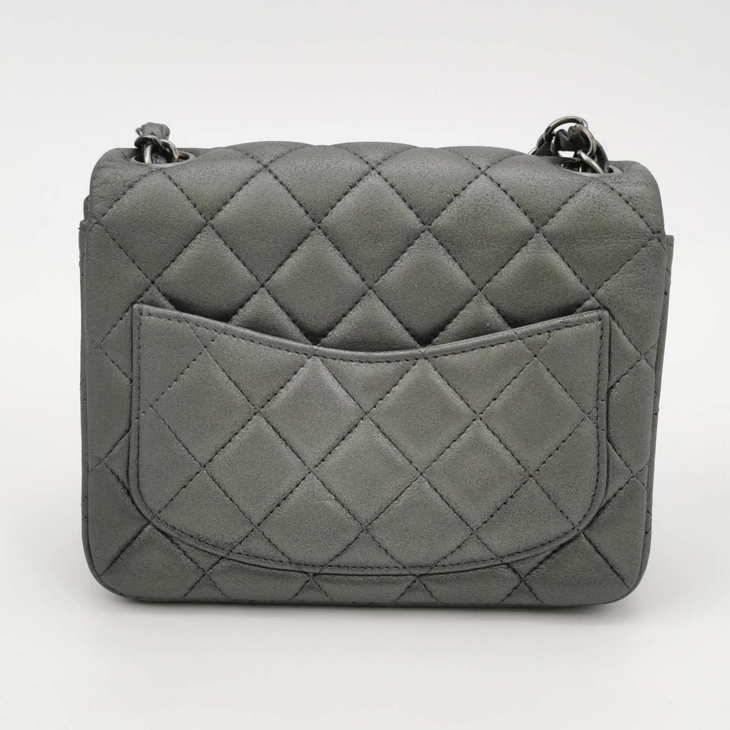Chanel Classic Flap Square 2014 Metallic Grey Lambskin Leather Bag