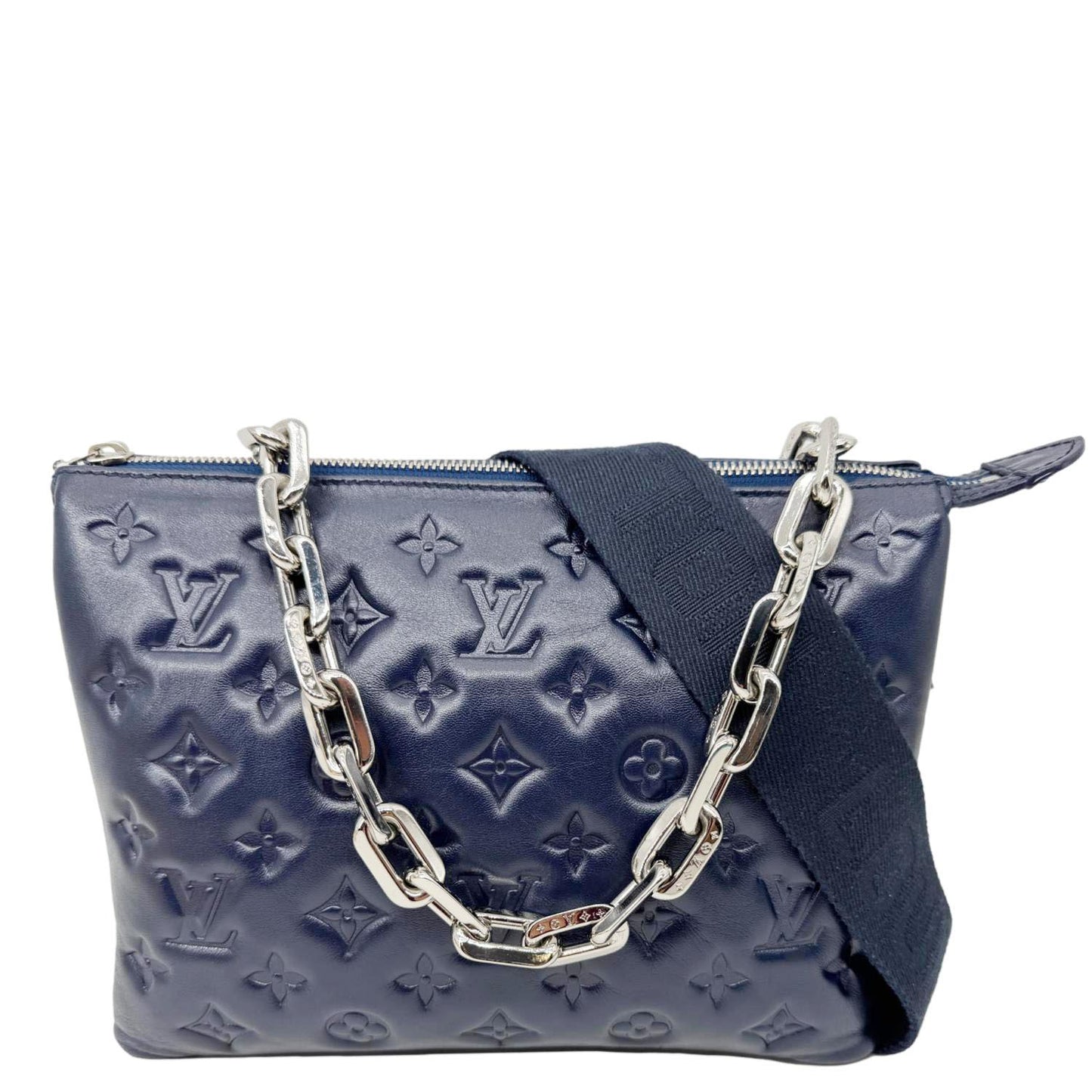 LOUIS VUITTON Coussin PM Monogram Embossed Leather Shoulder Bag Navy Blue