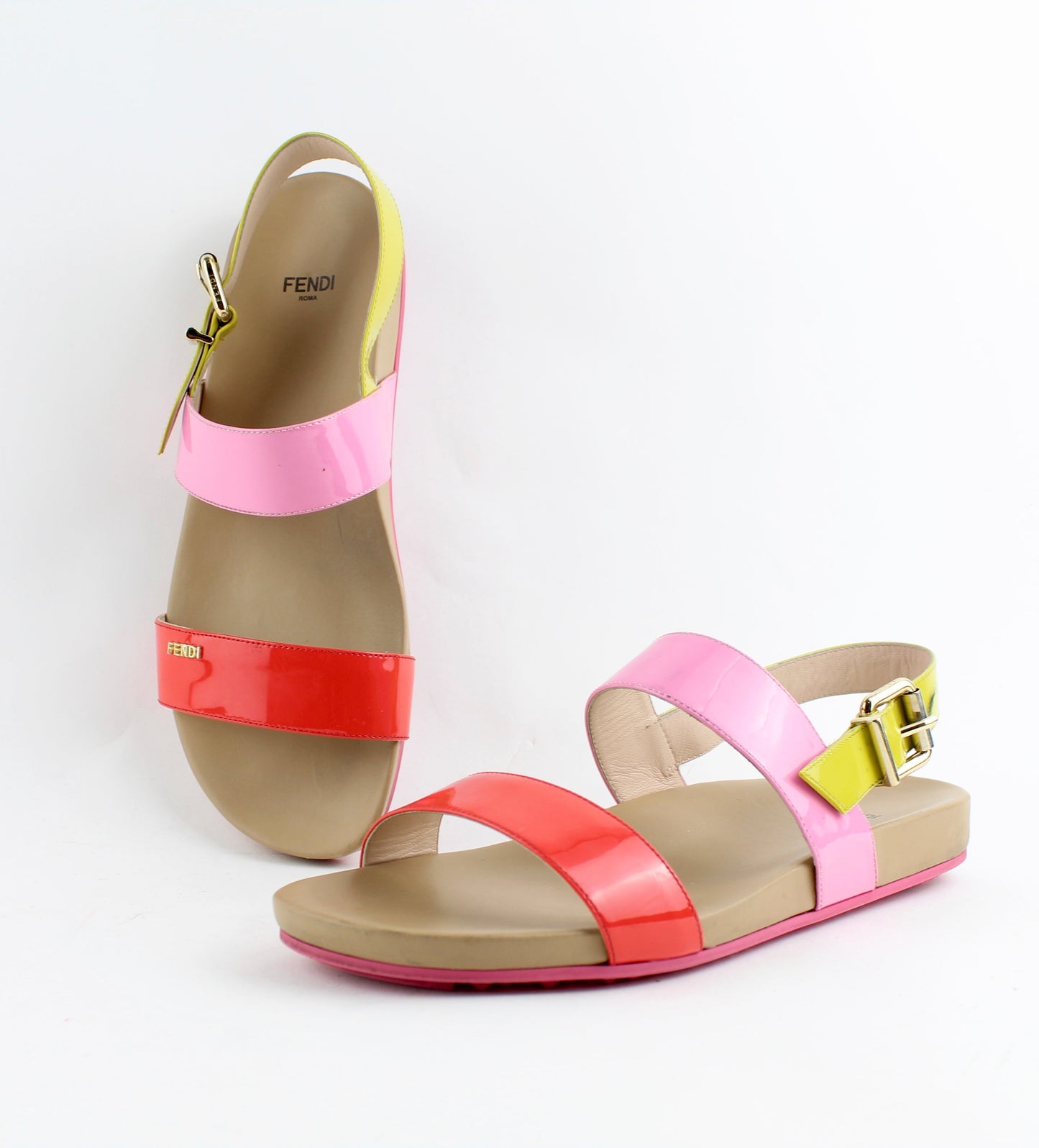 FENDI TRICOLOR DOUBLE-BAND FLAT PATENT SANDAL SIZE 40