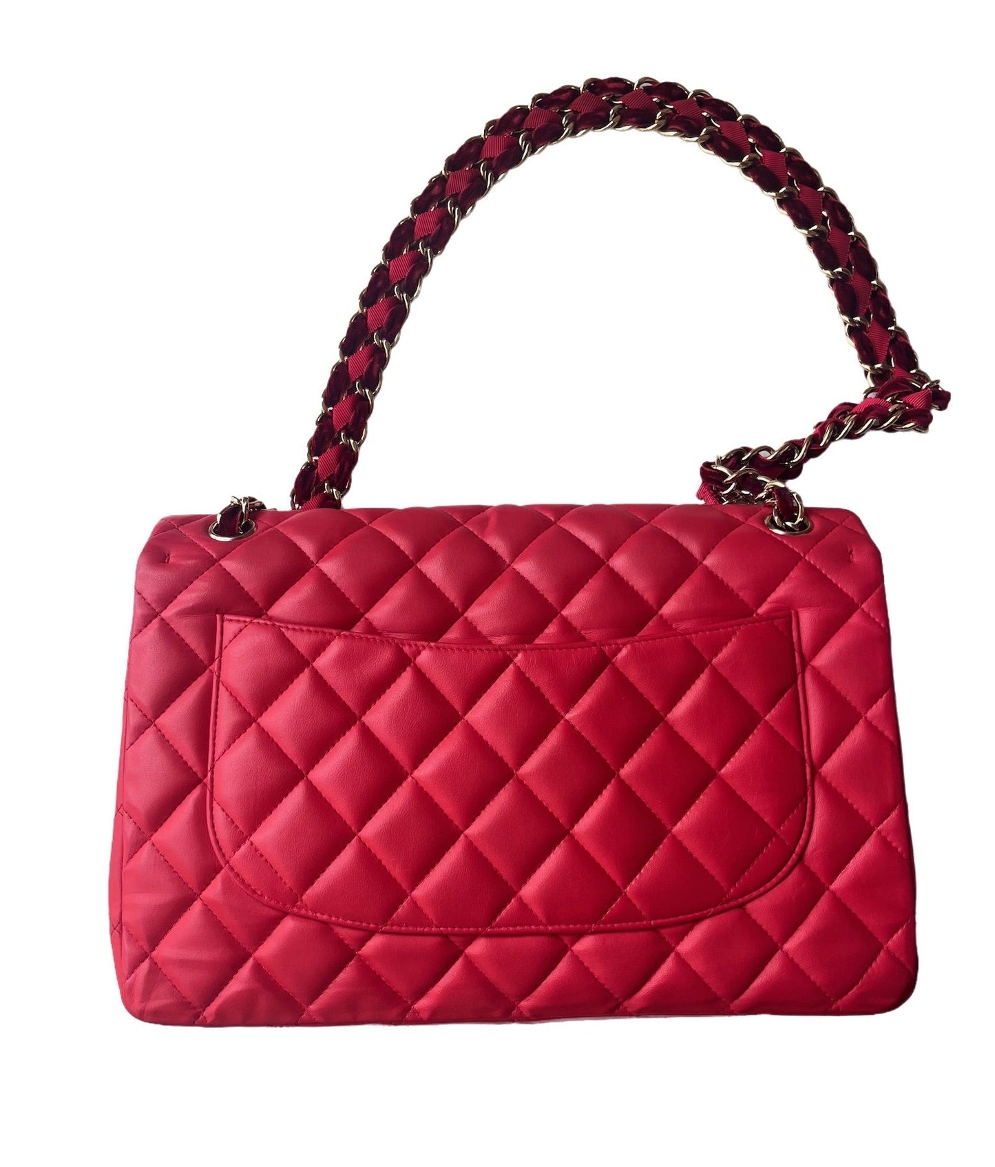 Chanel Classic Flap 2009 Large Red Leather Gold Hardware Velvet Chain Matelasse Strap