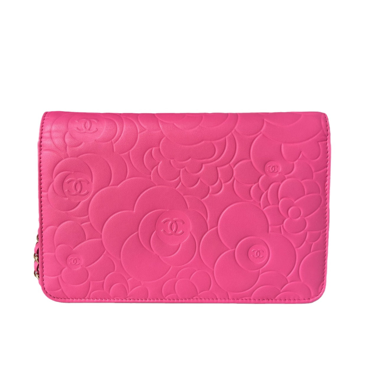 Chanel Wallet On Chains WOC Classic Pink Camelia Flower Embossed