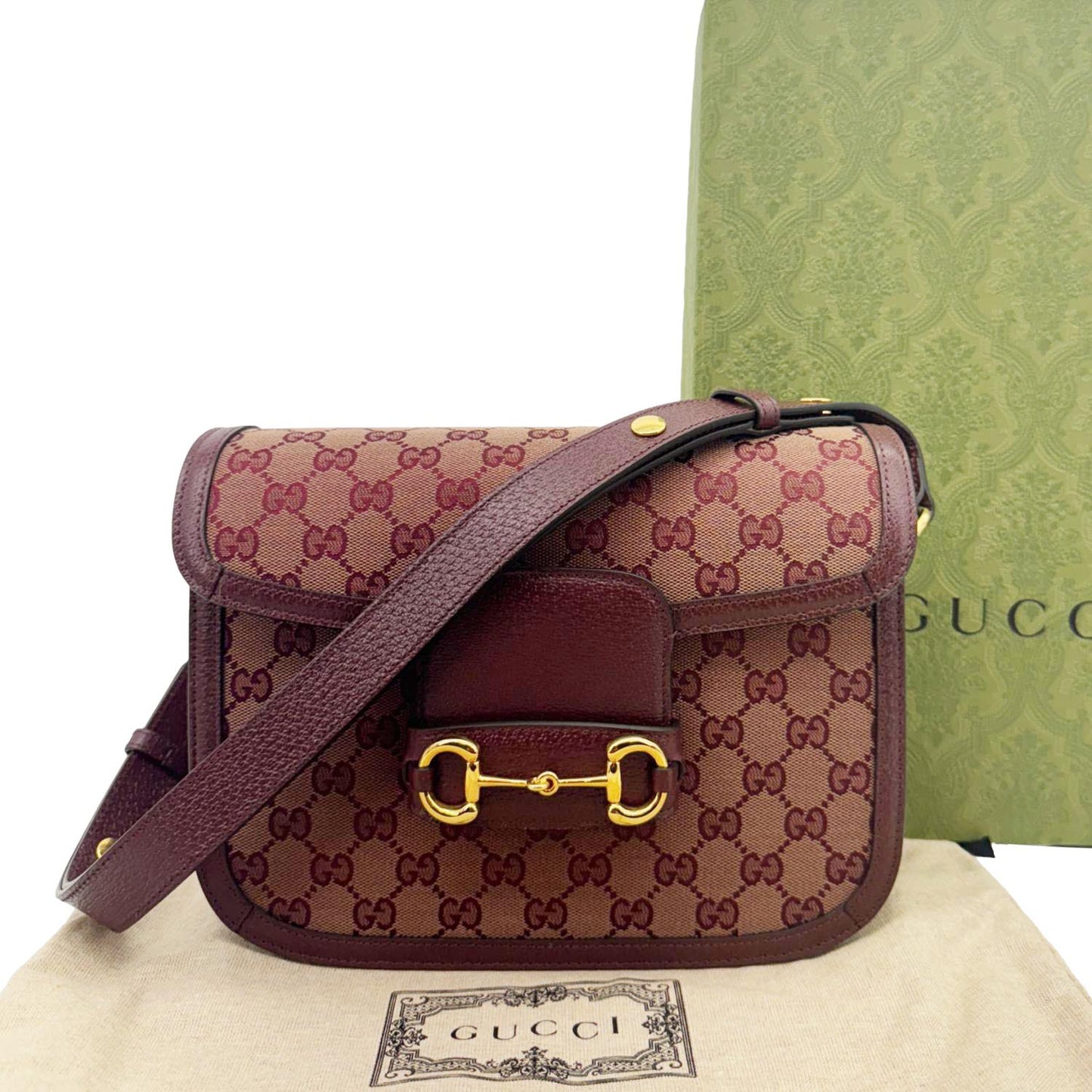GUCCI Horsebit 1955 Medium GG Supreme Canvas Shoulder Bag Sahara Rubino 602204