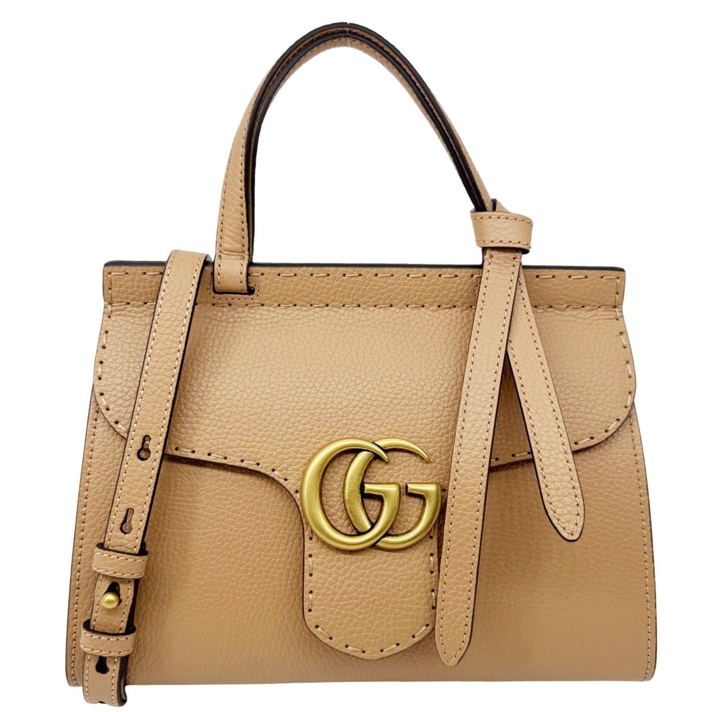 GUCCI GG Marmont Pebbled Leather Top Handle Crossbody Bag Beige 779796