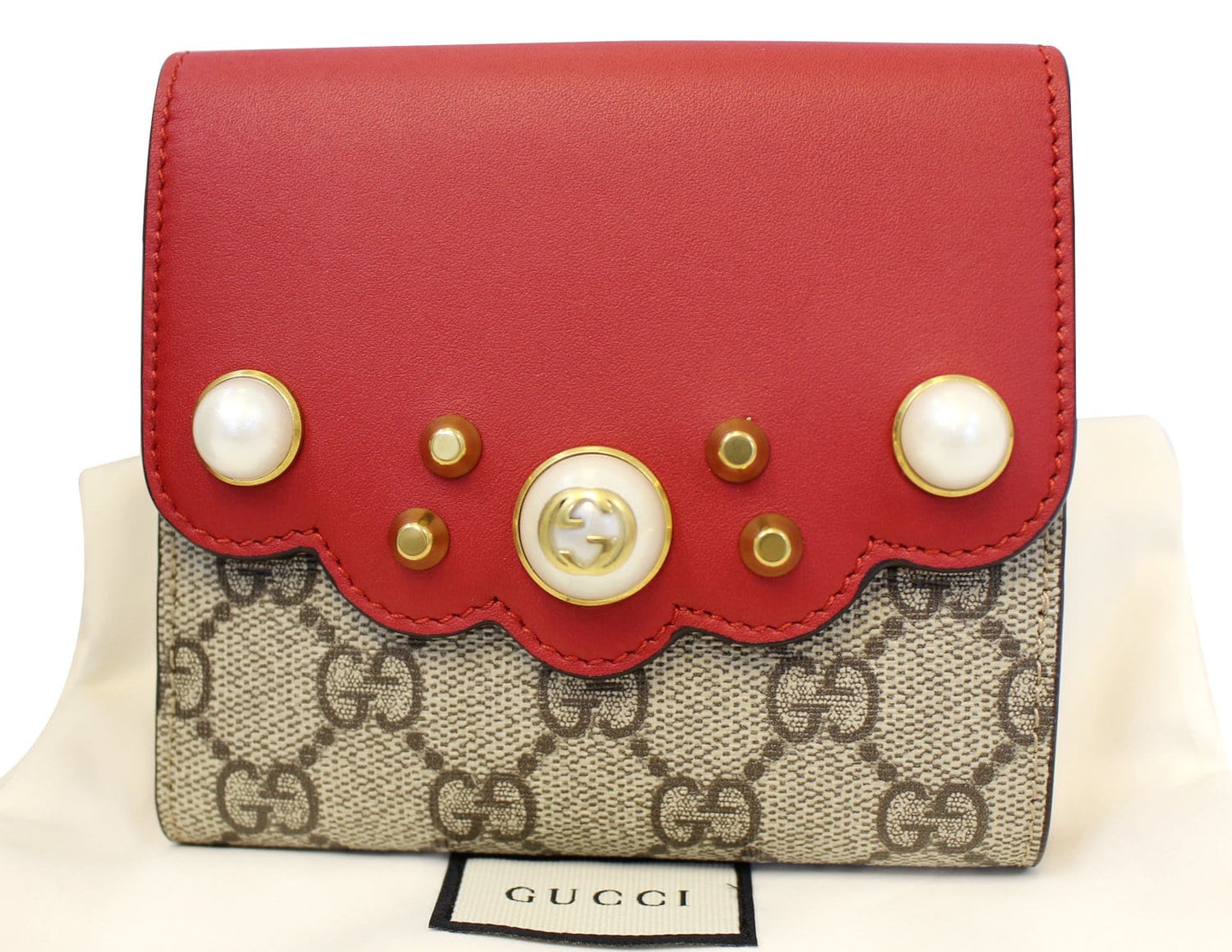 GUCCI GG Supreme French Flap Wallet Pearl Studded  431480