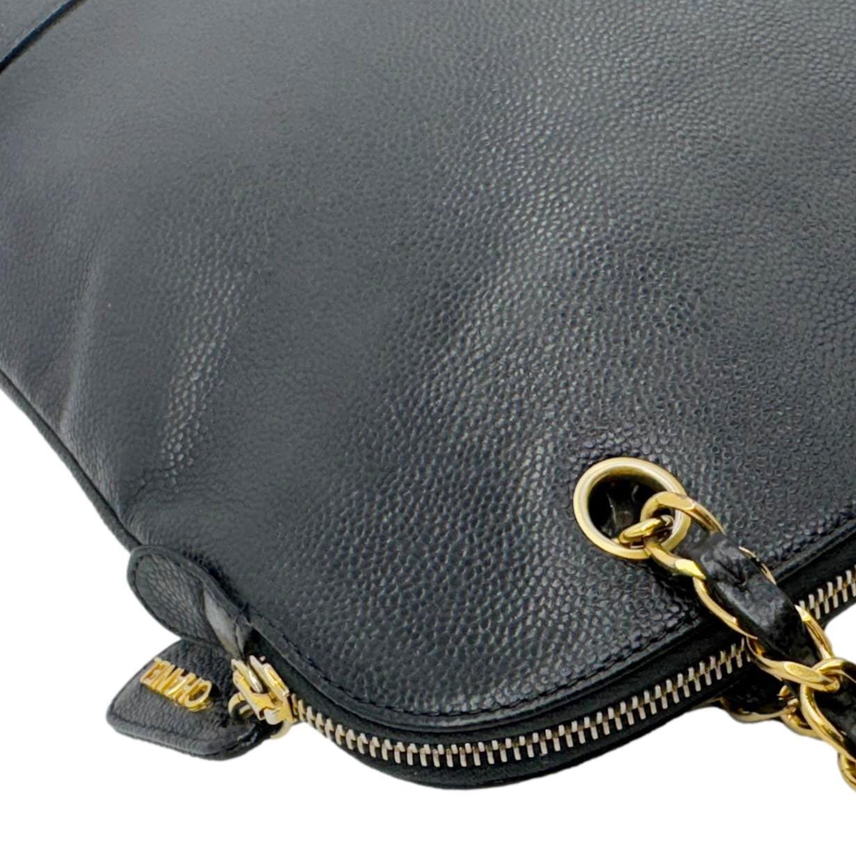 CHANEL Vintage Logo Large Caviar Leather Chain Tote Shoulder Bag Black