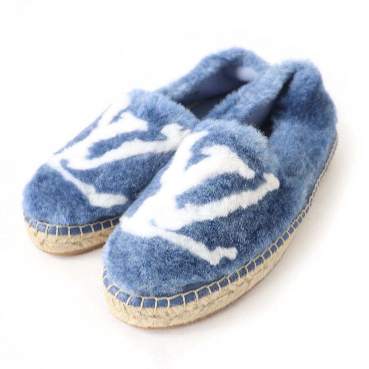 LOUIS VUITTON Slip-on Fake fur Blue x white shoes Seashore Line Espadrilles with LV logo Women 37