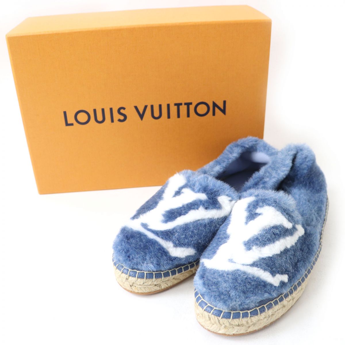 LOUIS VUITTON Slip-on Fake fur Blue x white shoes Seashore Line Espadrilles with LV logo Women 37