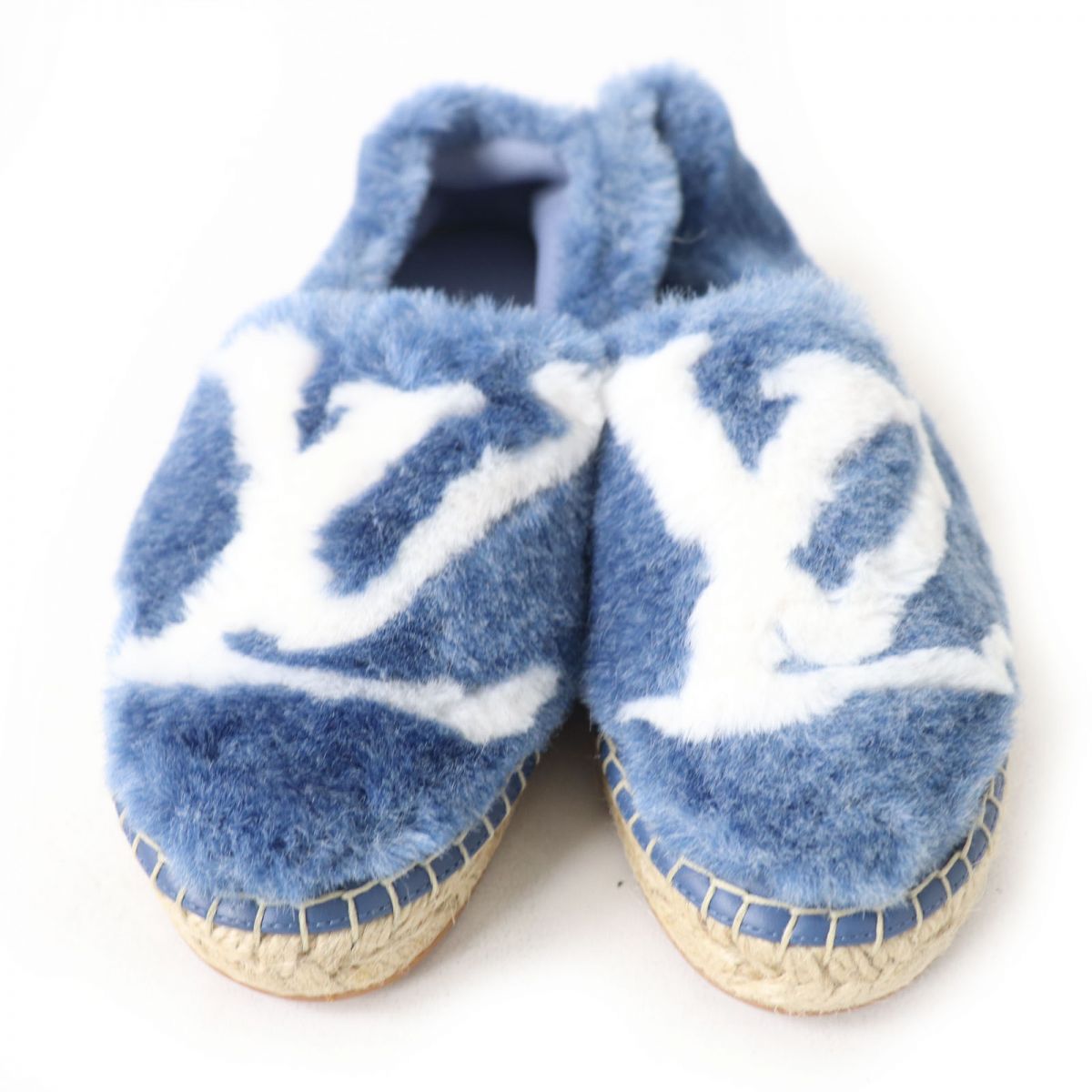 LOUIS VUITTON Slip-on Fake fur Blue x white shoes Seashore Line Espadrilles with LV logo Women 37