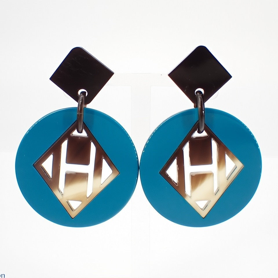 Hermès Blue Lacquered Buffalo Horn H Round Earrings