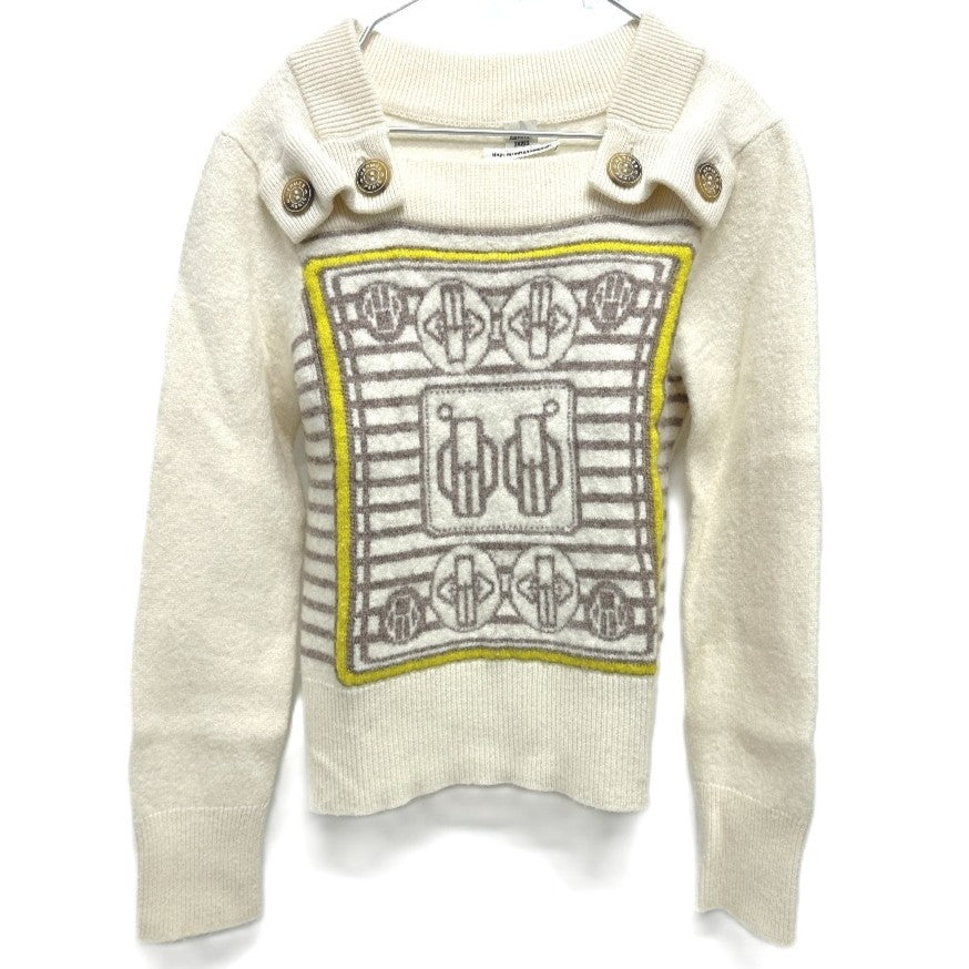 HERMES sweater cashmere White x gray x yellow Collar button border Women 36