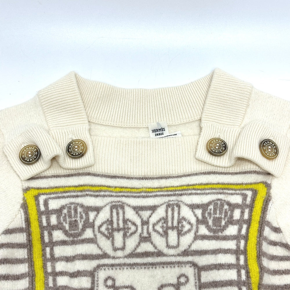 HERMES sweater cashmere White x gray x yellow Collar button border Women 36