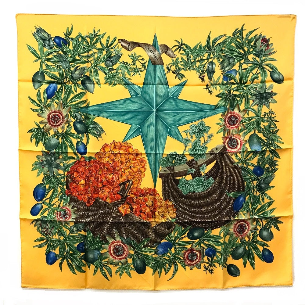 HERMES scarf silk Yellow x green Carre90 Passiflores Passion Flower Women