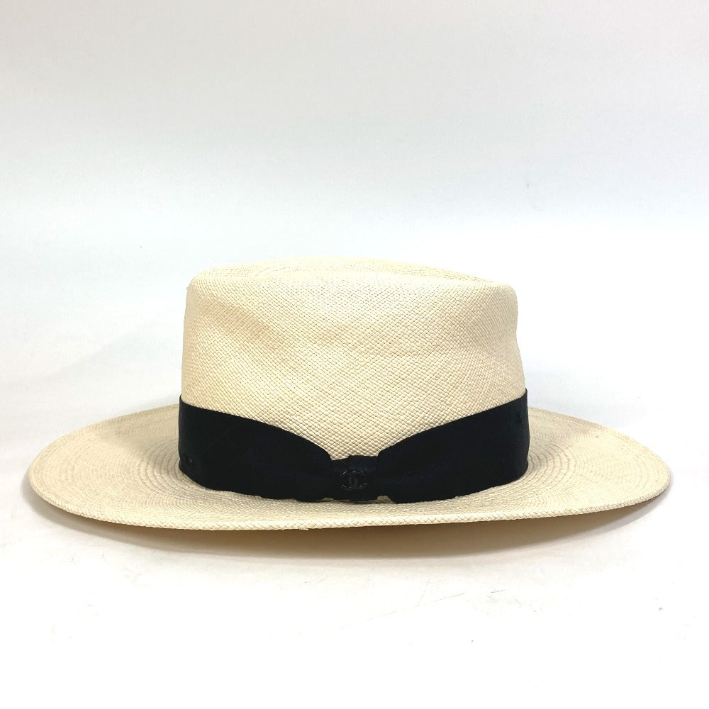 CHANEL hat straw beige CC COCO Mark Grosgrain Ribbon 19V Women M