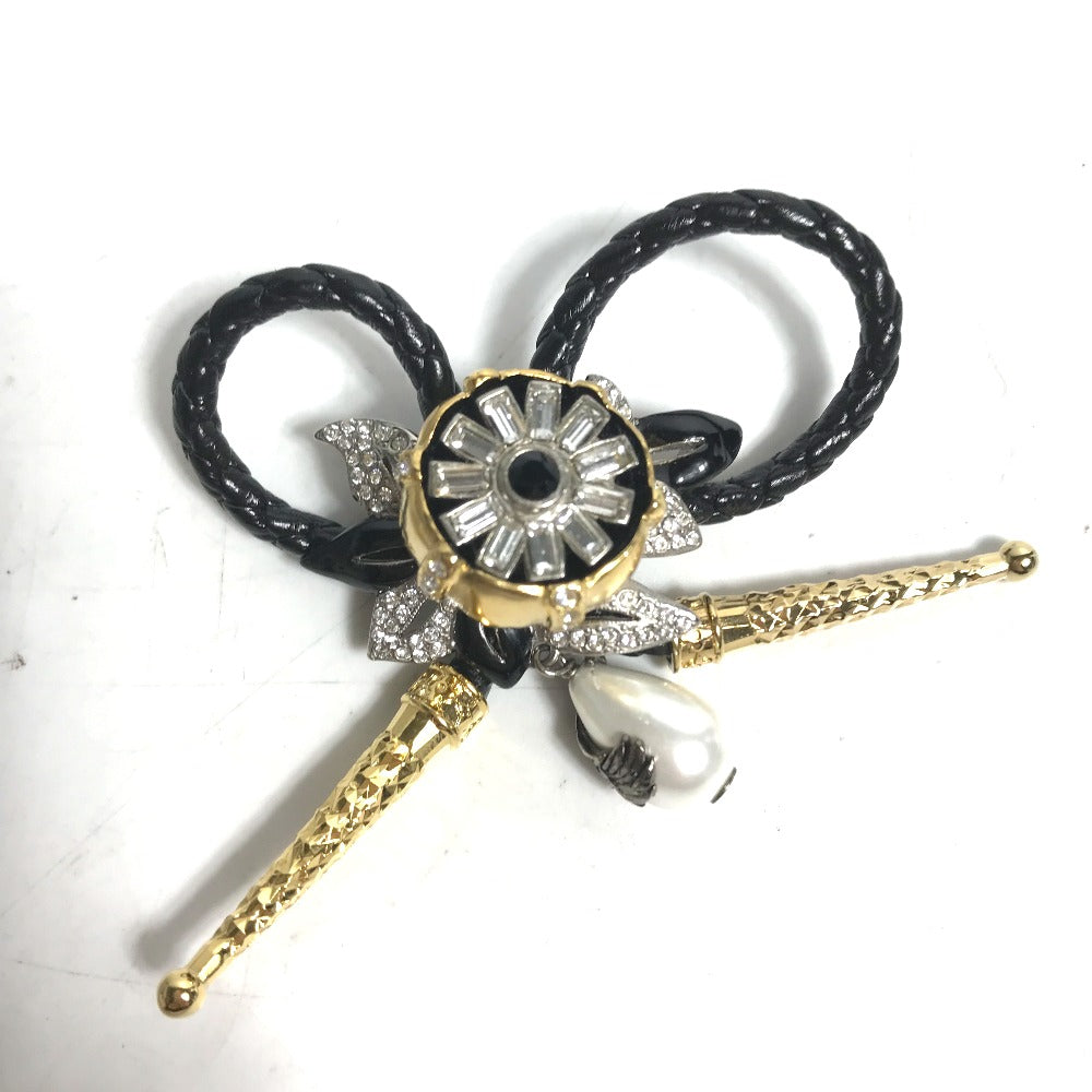 LOUIS VUITTON Brooch MP2197 Leather, Metal black Accessories Faux Pearl Fleur Bijoux Women