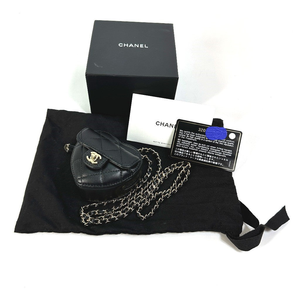 CHANEL Wallet Chain AP2783 Lambskin, Leather black Coin case Necklace COCO Mark CC Neck Strap mini heart shape Women