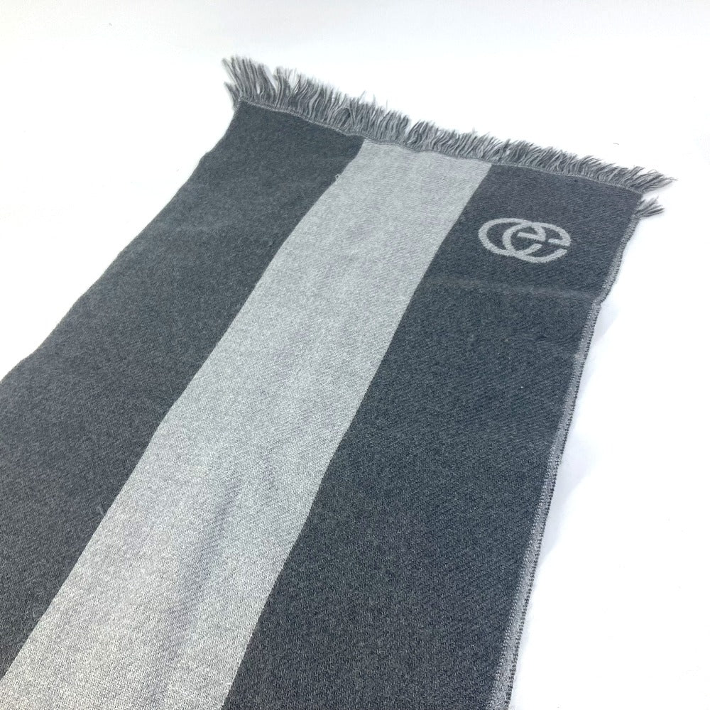 GUCCI Scarf wool gray Fringe logo GG stripes Women