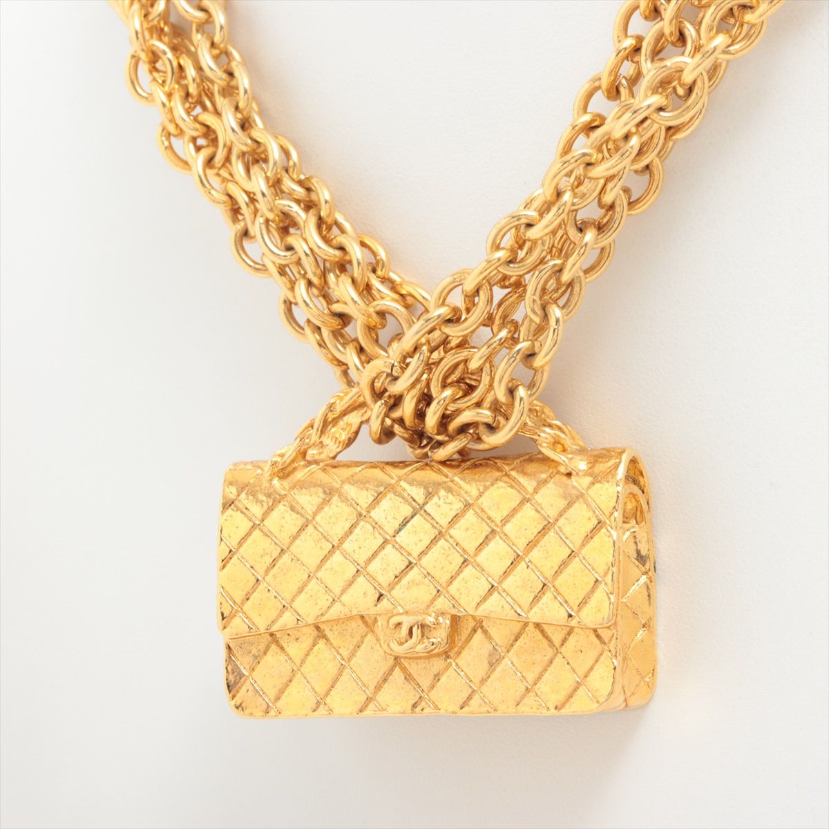 Chanel Gold Metal Quilted Flap Bag Multi-Chain Necklace