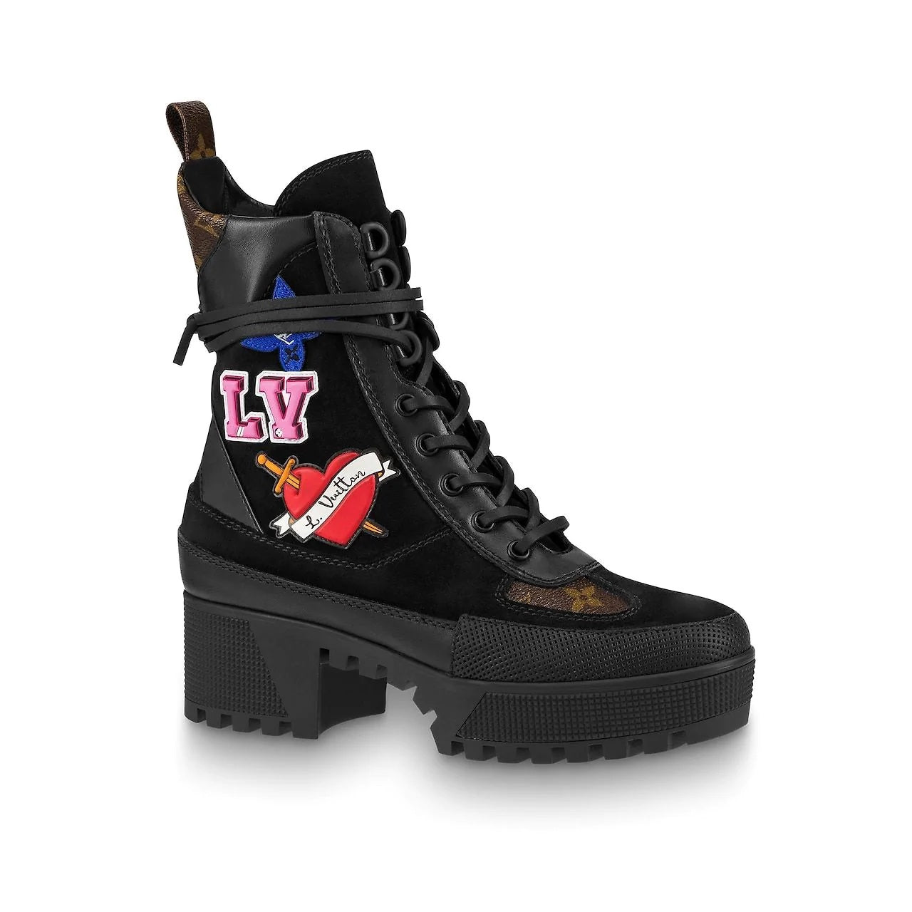 LOUIS VUITTON CALFSKIN MONOGRAM LV HEART LAUREATE PLATFORM DESERT BOOTS
