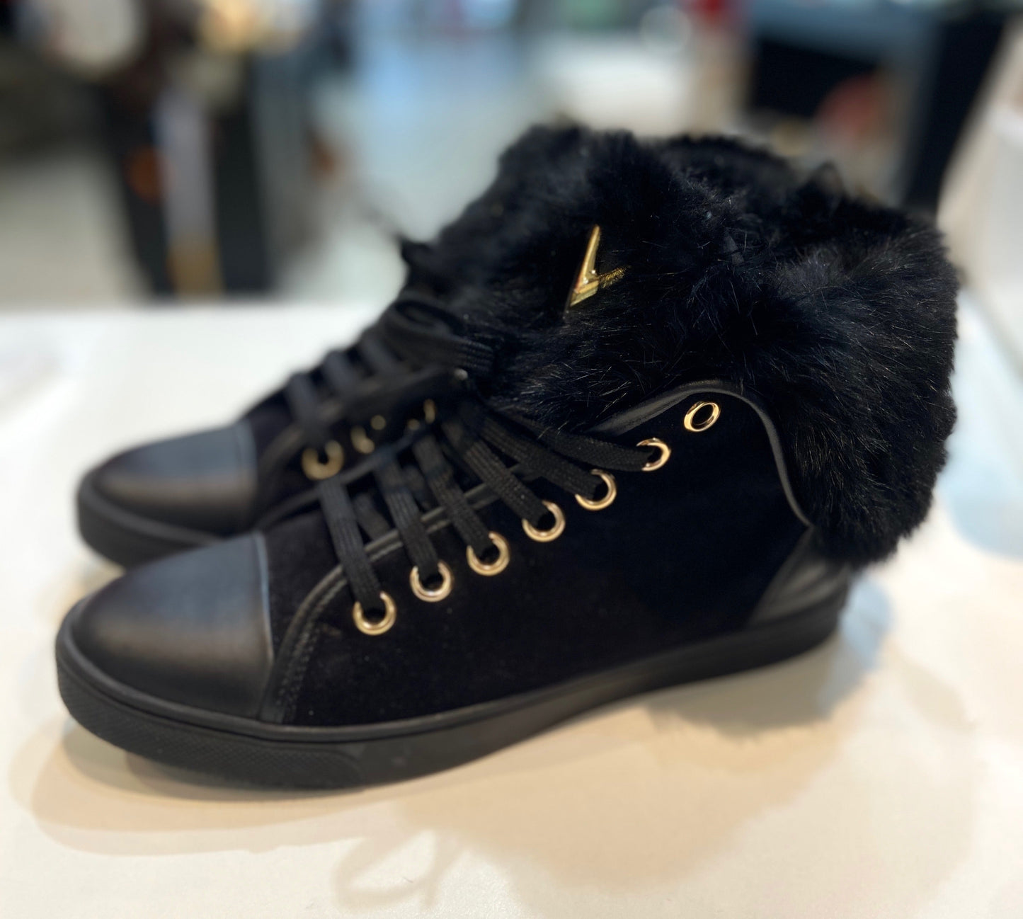 LOUIS VUITTON SUEDE RABBIT FUR HIGH-TOP SNEAKERS