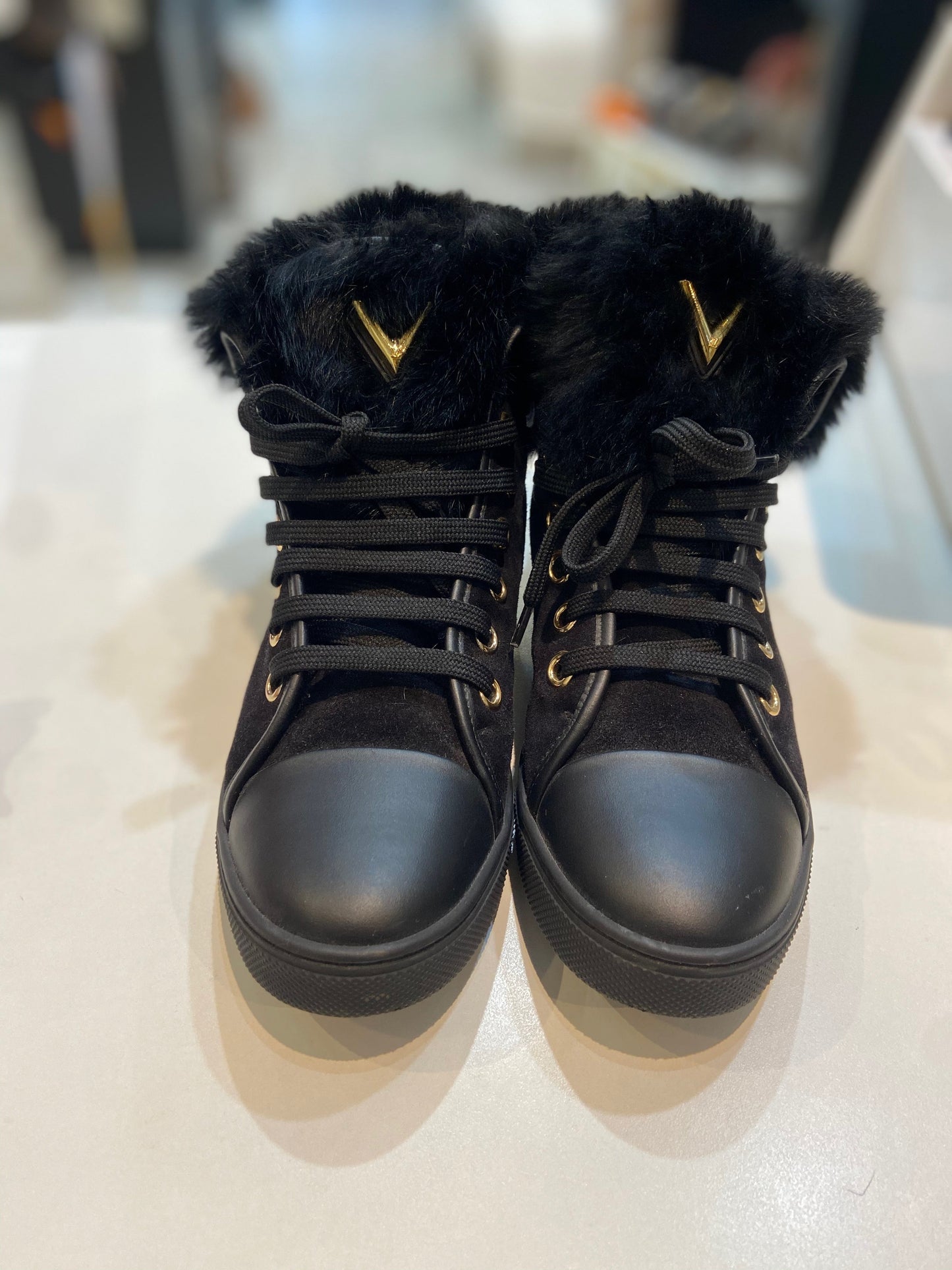 LOUIS VUITTON SUEDE RABBIT FUR HIGH-TOP SNEAKERS