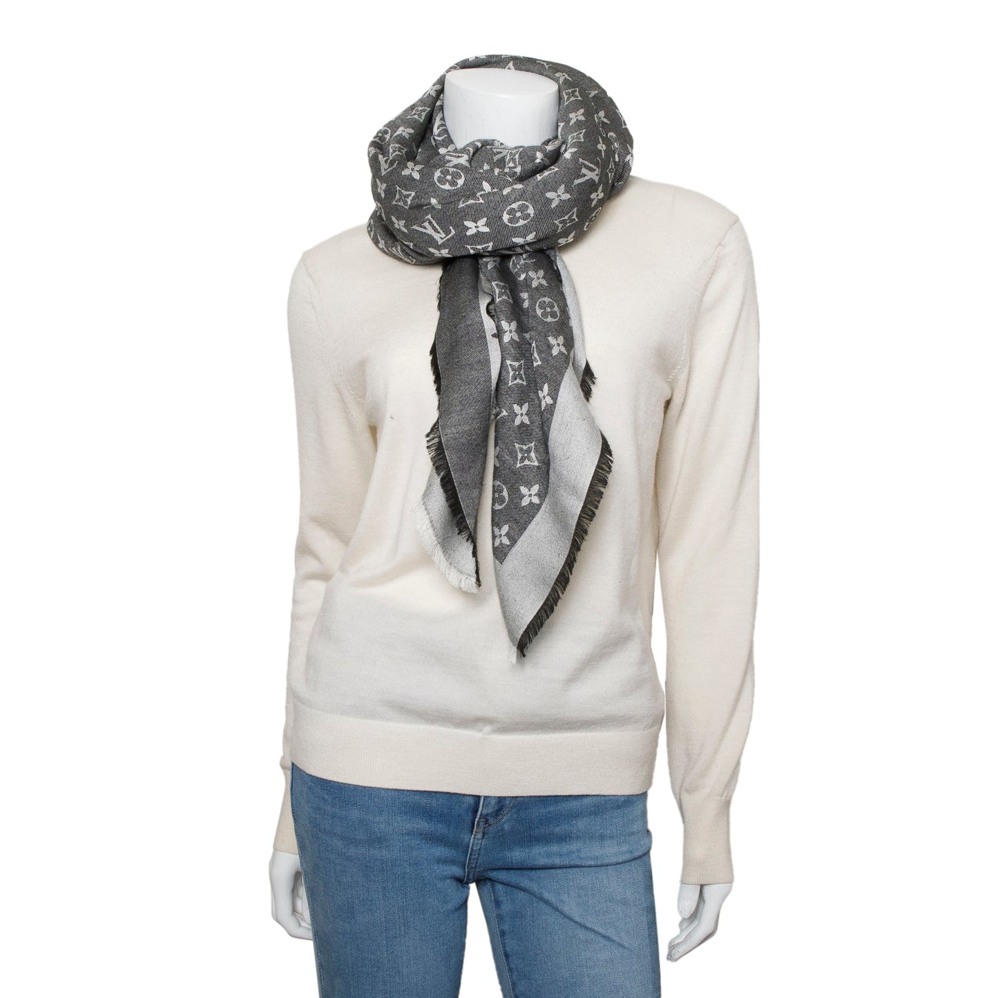 Louis Vuitton Grey Monogram Silk/Wool My Daily Denim Shawl Scarf
