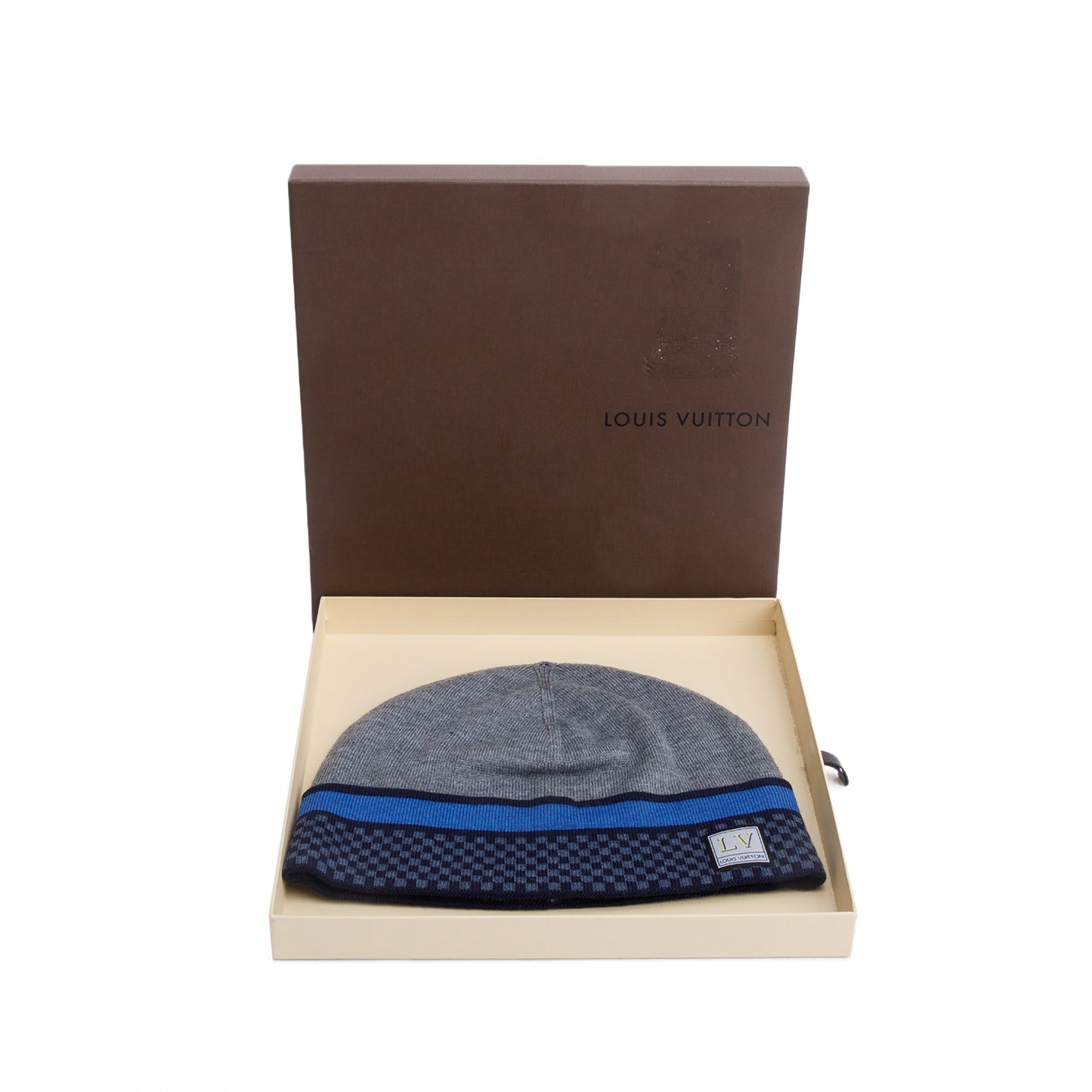 Louis Vuitton Grey/Navy Micro Damier Ebene Wool Beanie