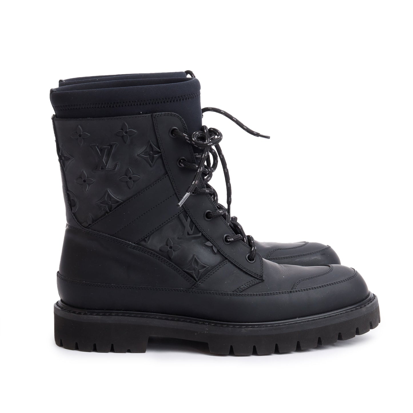 Louis Vuitton 2020 Black Monogram Embossed Rubber Landscape Ankle Boots, Size 6