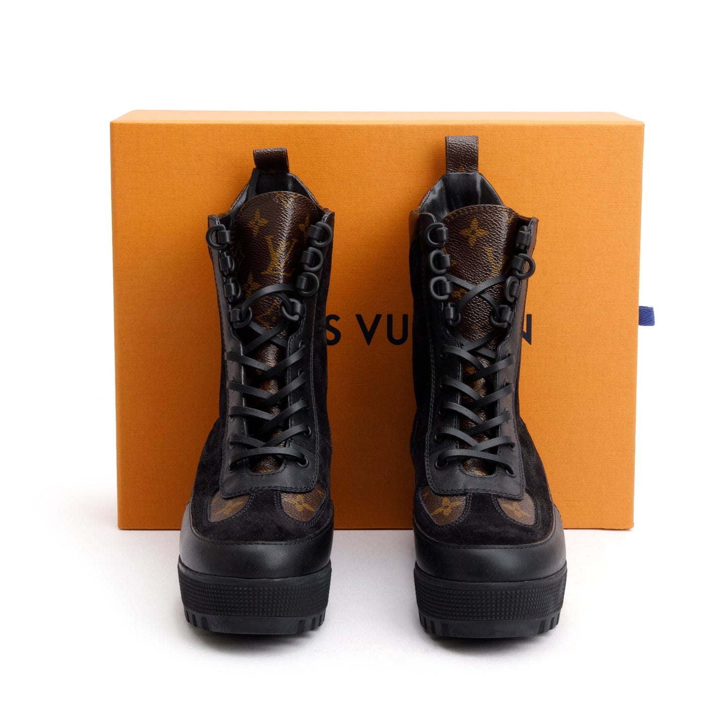 Louis Vuitton 2020 Black Suede Monogram Trim Laureate Platform Desert Boots, Size 37.5
