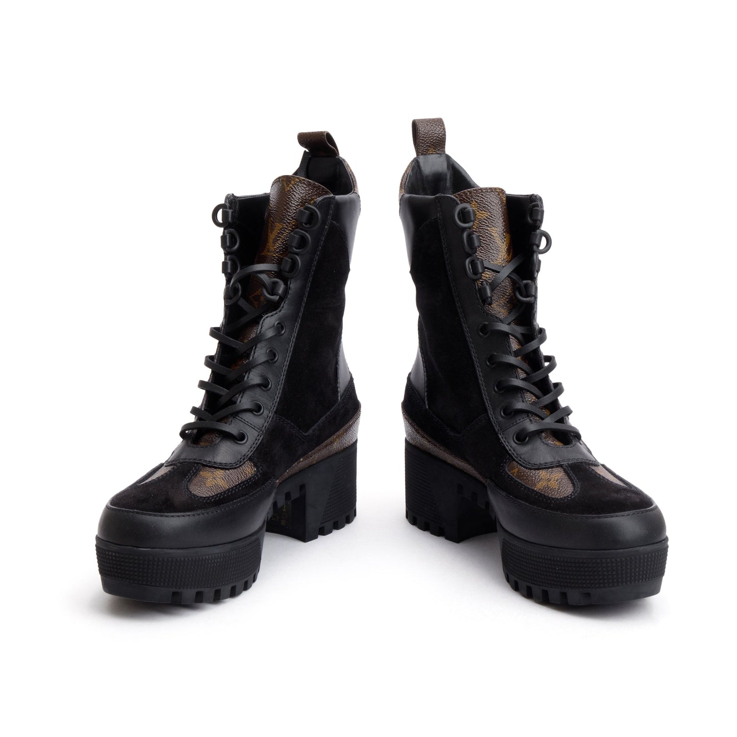 Louis Vuitton 2020 Black Suede Monogram Trim Laureate Platform Desert Boots, Size 37.5