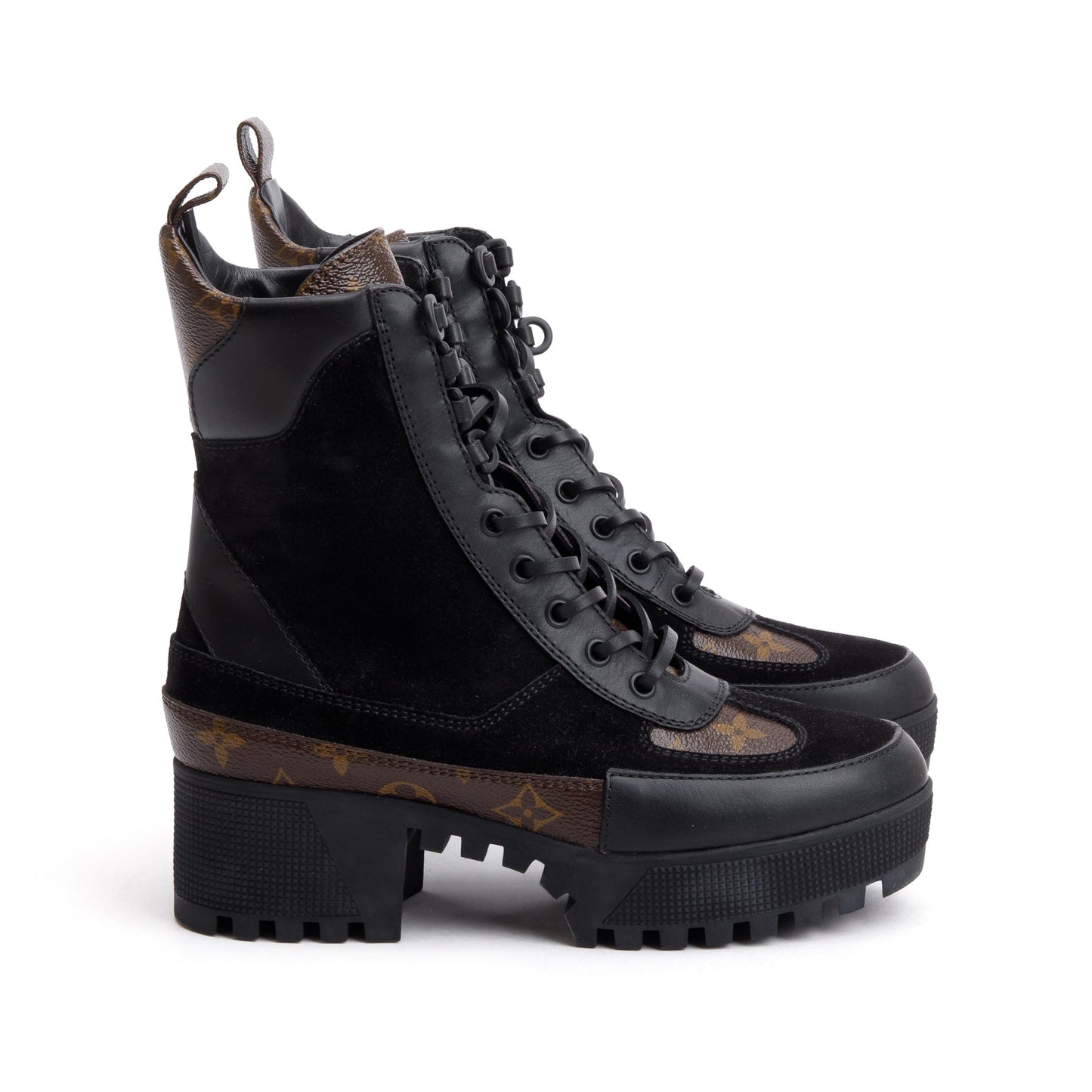Louis Vuitton 2020 Black Suede Monogram Trim Laureate Platform Desert Boots, Size 37.5