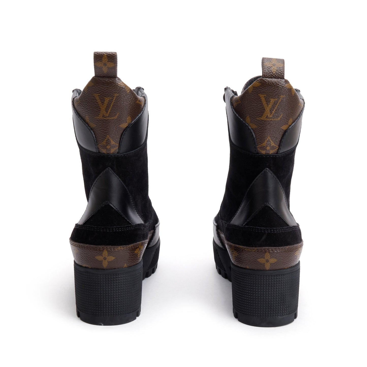Louis Vuitton 2020 Black Suede Monogram Trim Laureate Platform Desert Boots, Size 37.5