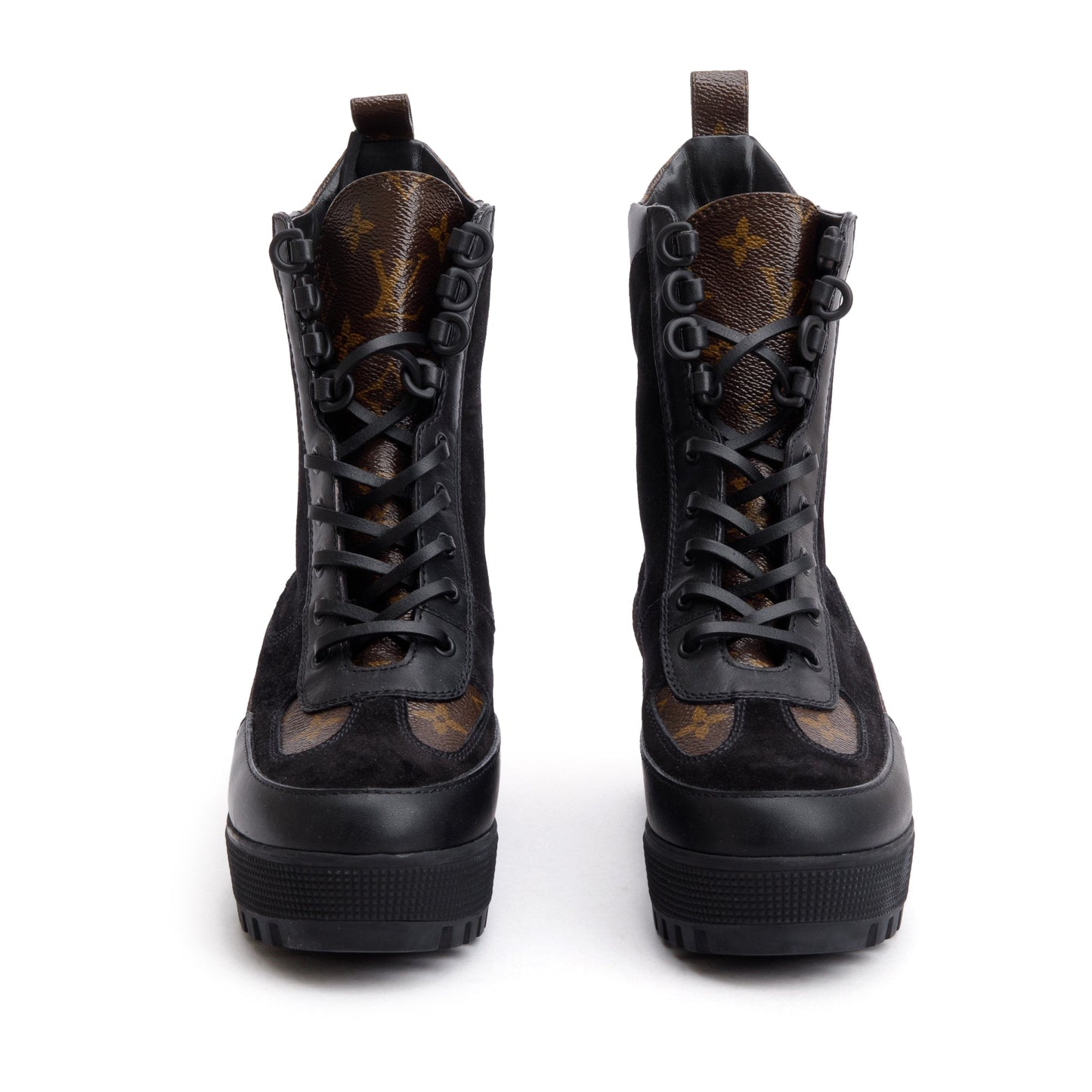 Louis Vuitton 2020 Black Suede Monogram Trim Laureate Platform Desert Boots, Size 37.5