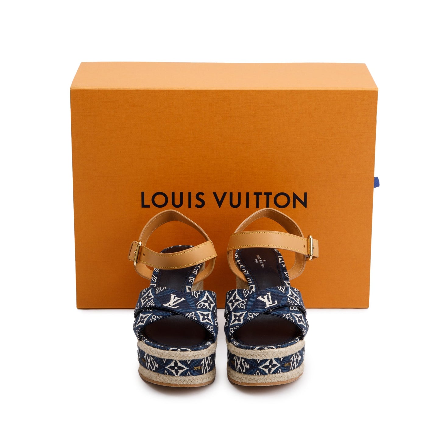 Louis Vuitton 2020 Blue Jacquard Canvas Since 1854 Boundary Wedge Sandals, Size 39