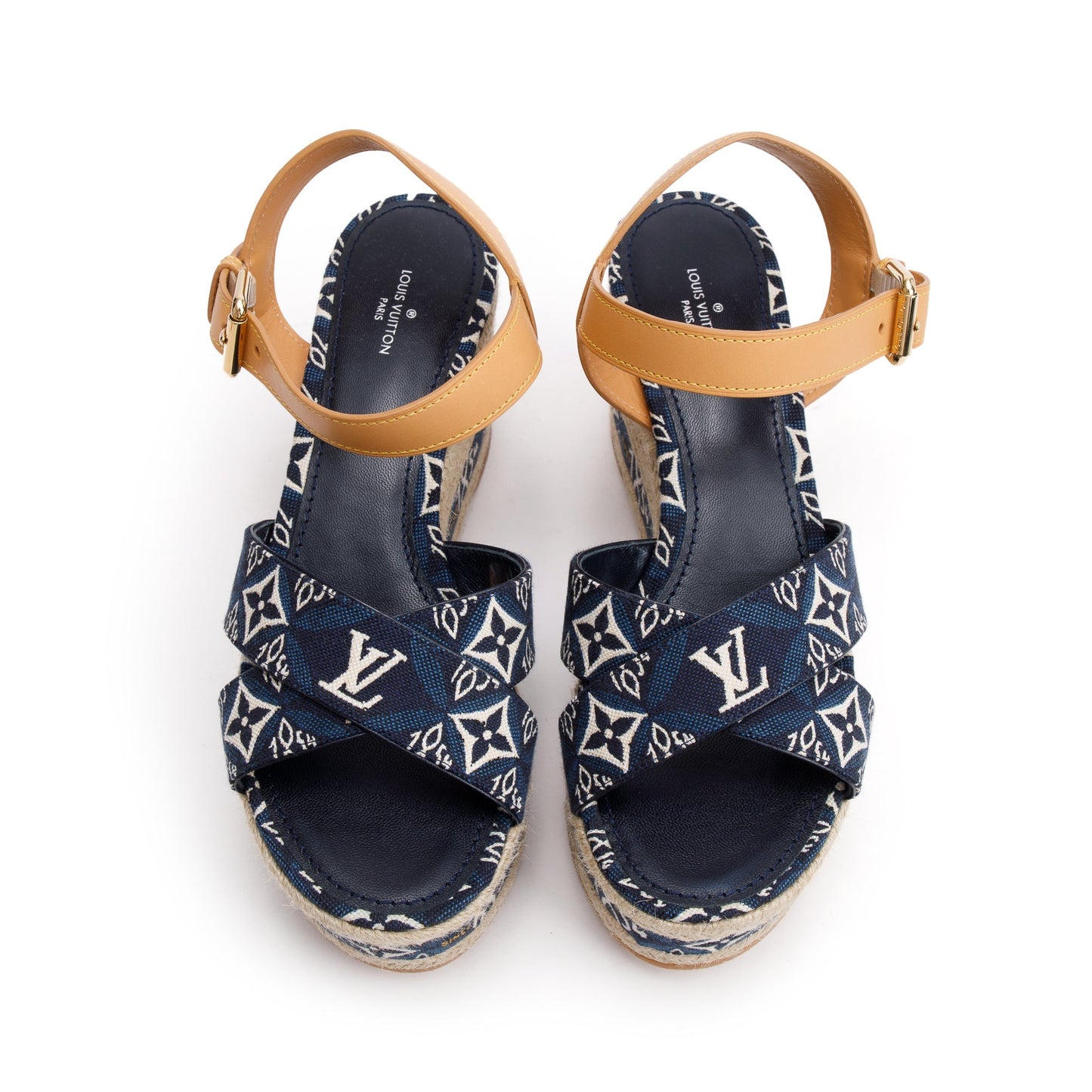 Louis Vuitton 2020 Blue Jacquard Canvas Since 1854 Boundary Wedge Sandals, Size 39
