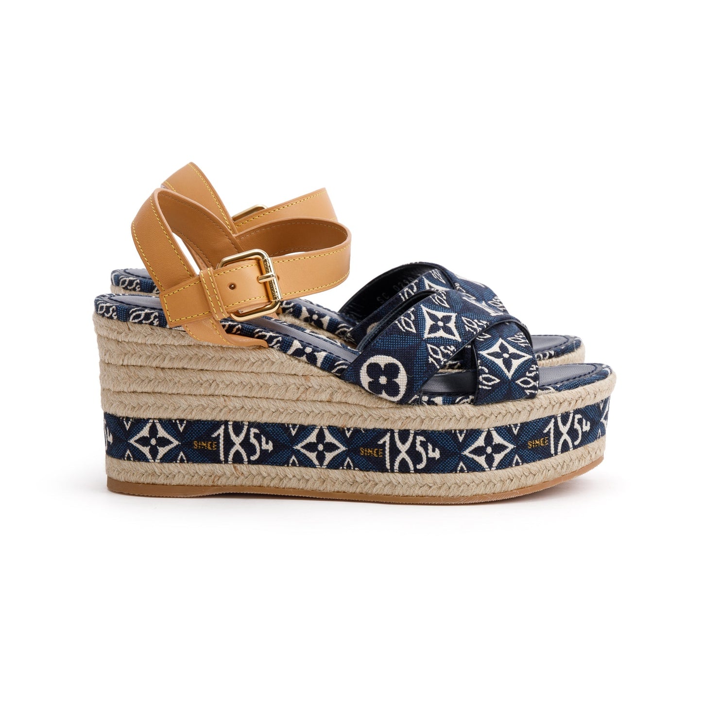 Louis Vuitton 2020 Blue Jacquard Canvas Since 1854 Boundary Wedge Sandals, Size 39