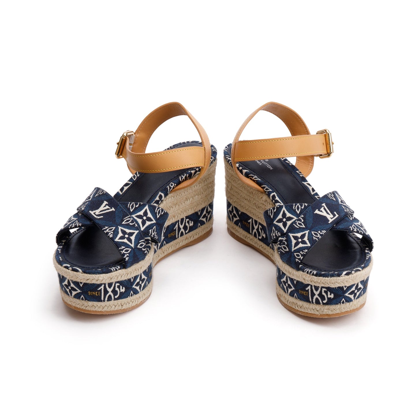 Louis Vuitton 2020 Blue Jacquard Canvas Since 1854 Boundary Wedge Sandals, Size 39