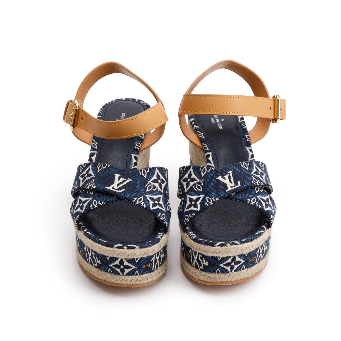 Louis Vuitton 2020 Blue Jacquard Canvas Since 1854 Boundary Wedge Sandals, Size 39