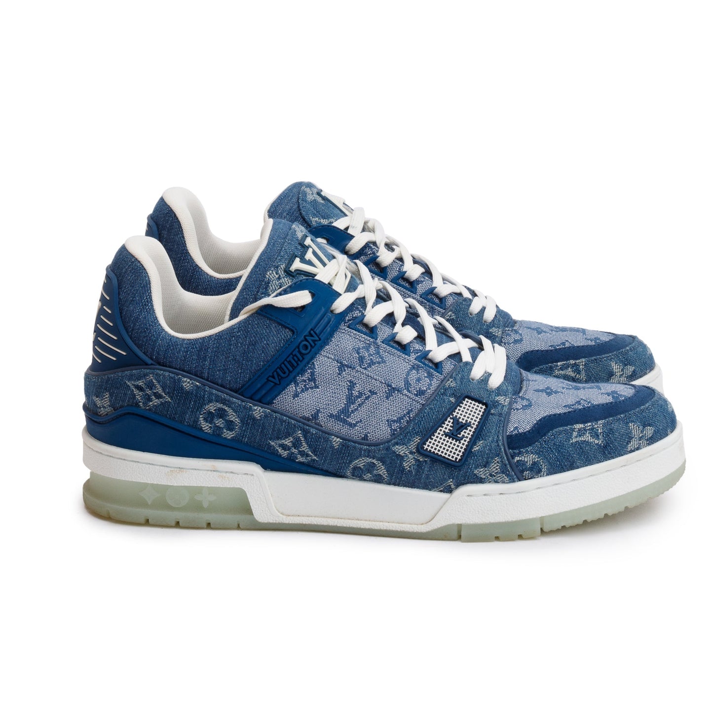 Louis Vuitton 2020 Blue Monogram Denim Calfskin LV Trainer Sneakers, Size 7.5