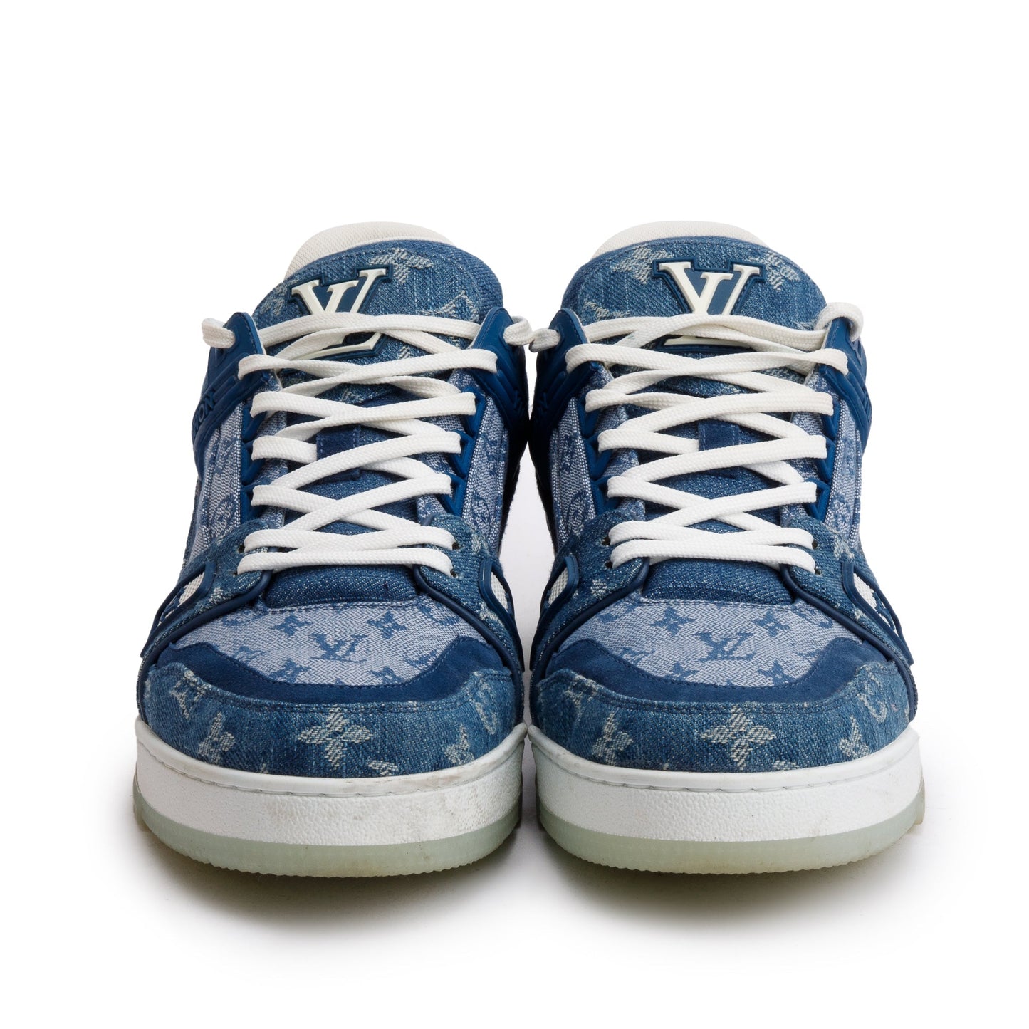 Louis Vuitton 2020 Blue Monogram Denim Calfskin LV Trainer Sneakers, Size 7.5