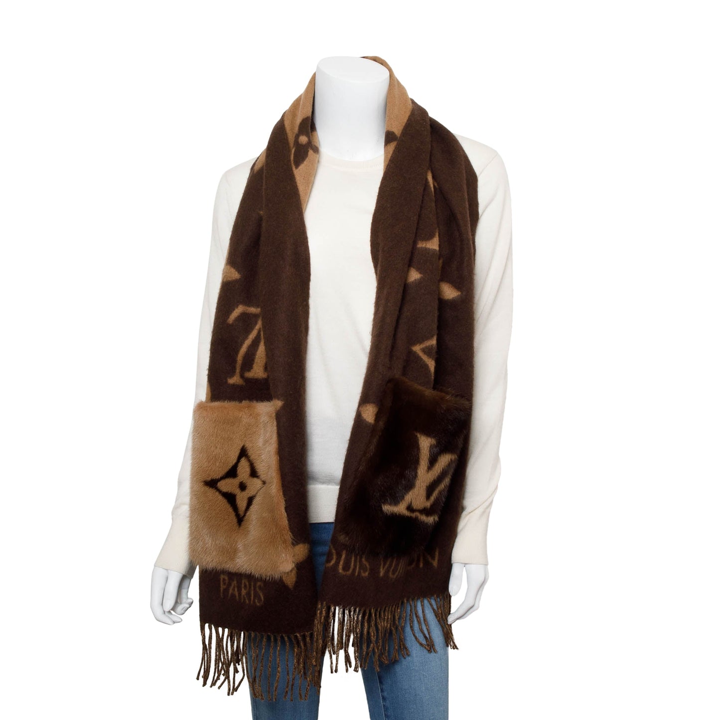 Louis Vuitton 2020 Brown/Beige Cashmere Mink Fur Pocket Monogram Cold Reykjavik Scarf
