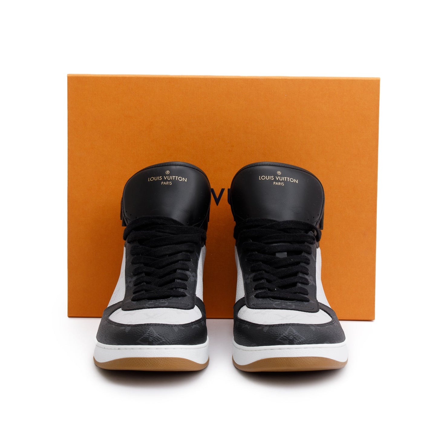 Louis Vuitton 2021 Black Leather Iconic Monogram Canvas Rivoli Sneaker Boots, Size 11
