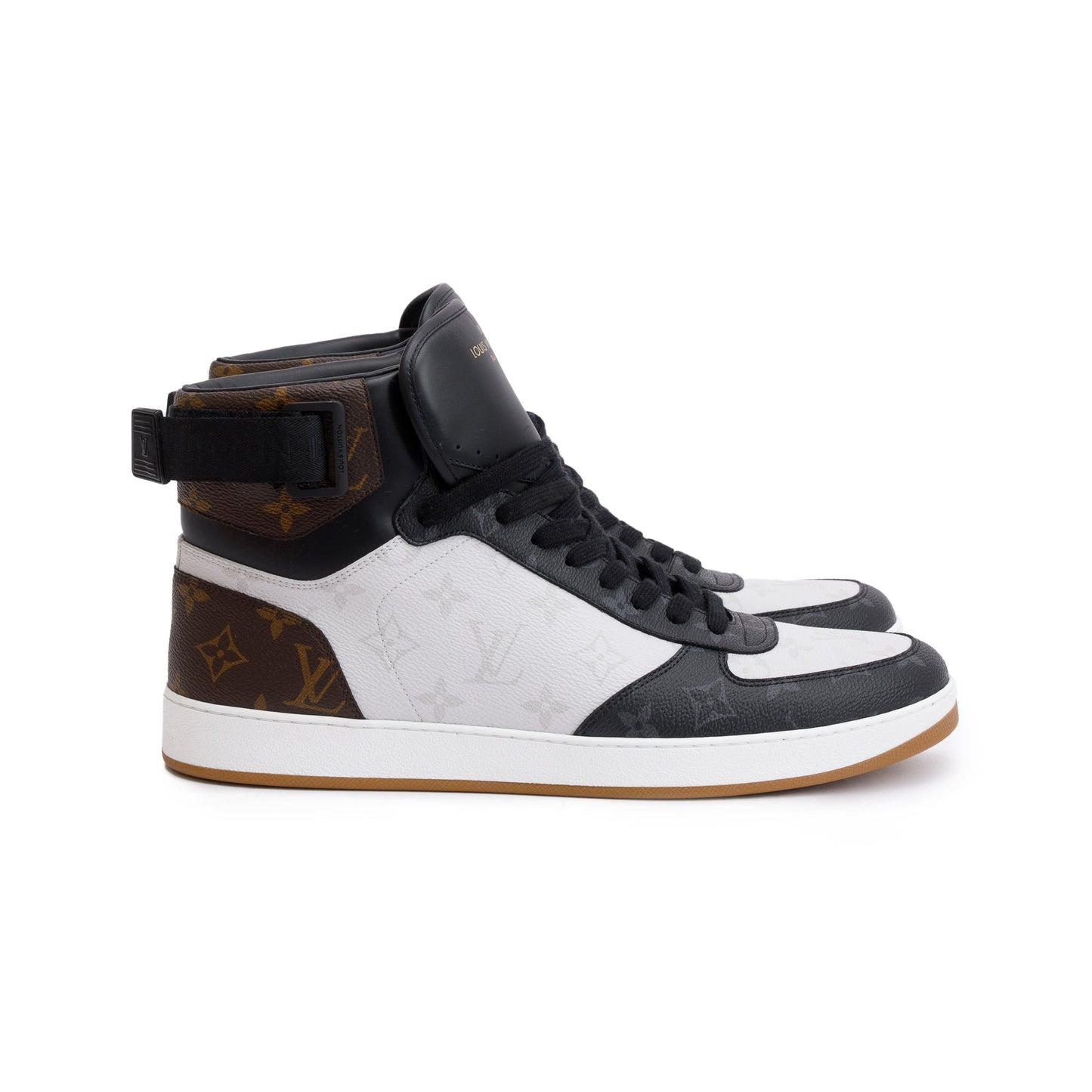 Louis Vuitton 2021 Black Leather Iconic Monogram Canvas Rivoli Sneaker Boots, Size 11