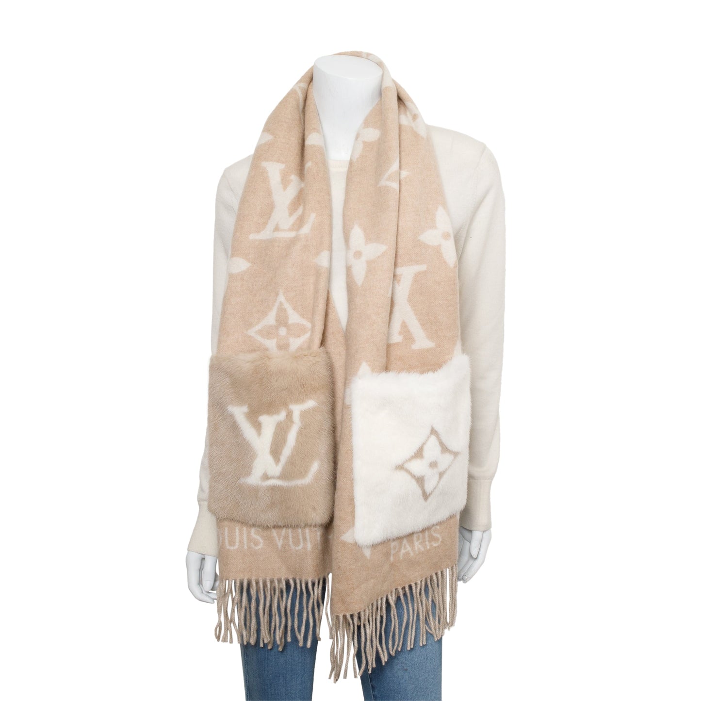 Louis Vuitton 2021 Neutral/Beige Cashmere Mink Fur Pocket Monogram Cold Reykjavik Scarf