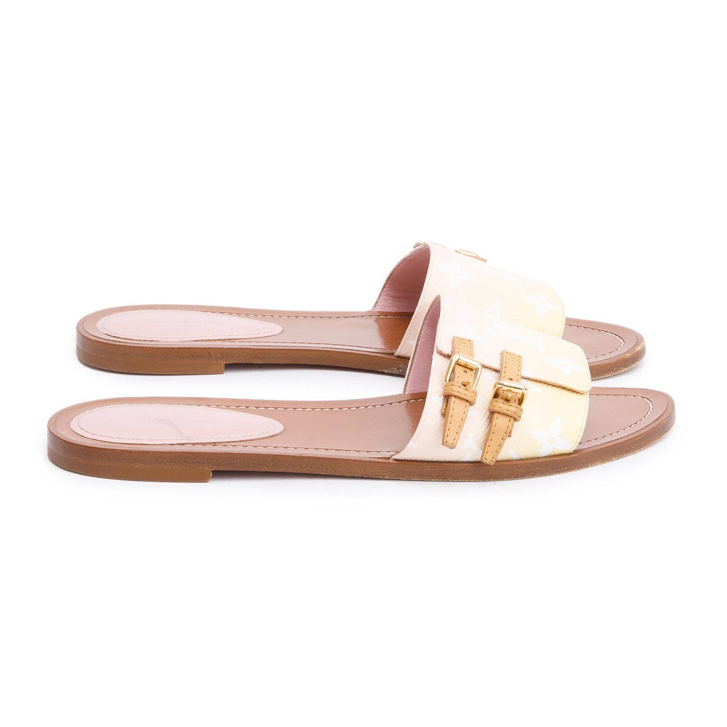 Louis Vuitton 2021 Pink/Yellow Monogram By The Pool Lock it Flat Mule, Size 38