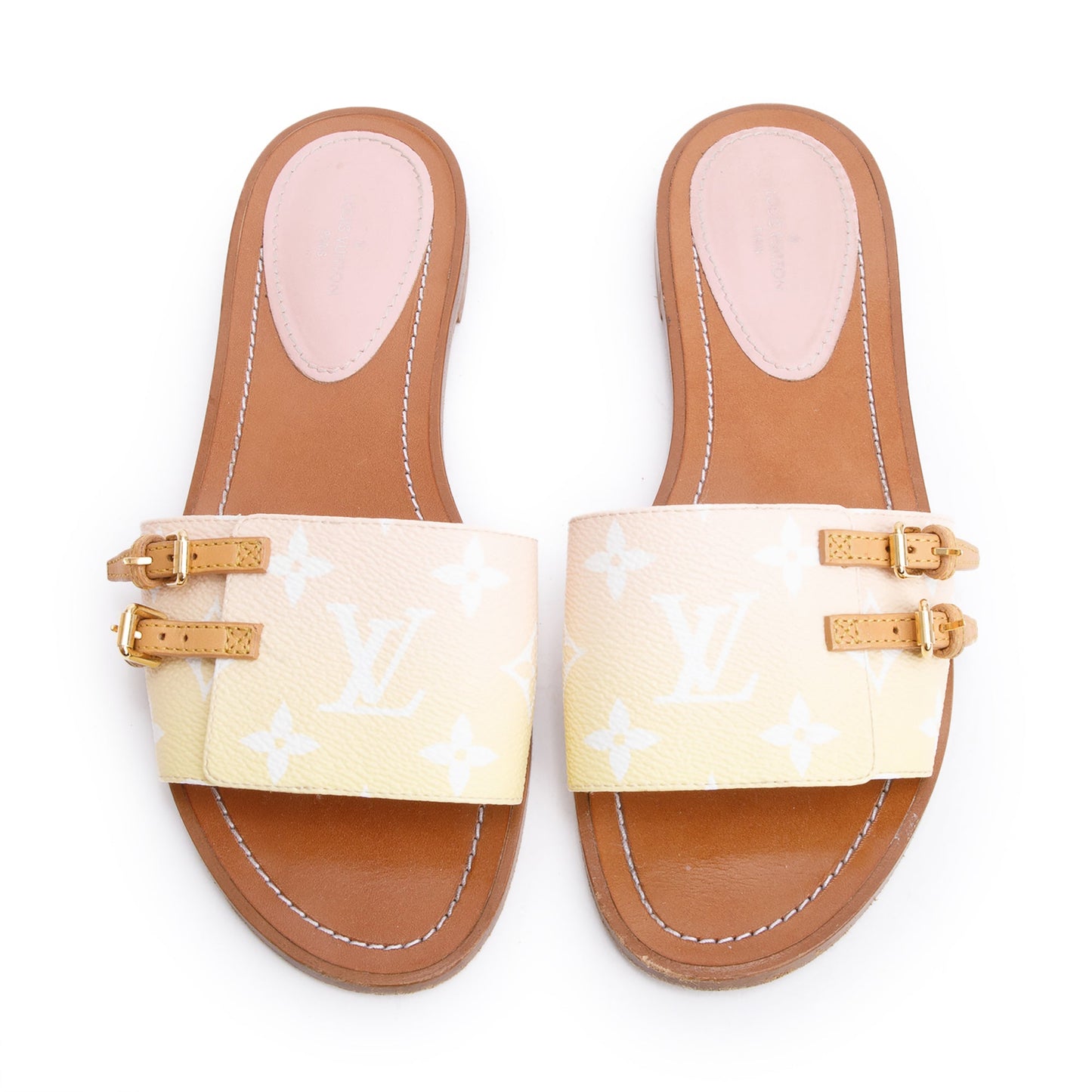 Louis Vuitton 2021 Pink/Yellow Monogram By The Pool Lock it Flat Mule, Size 38