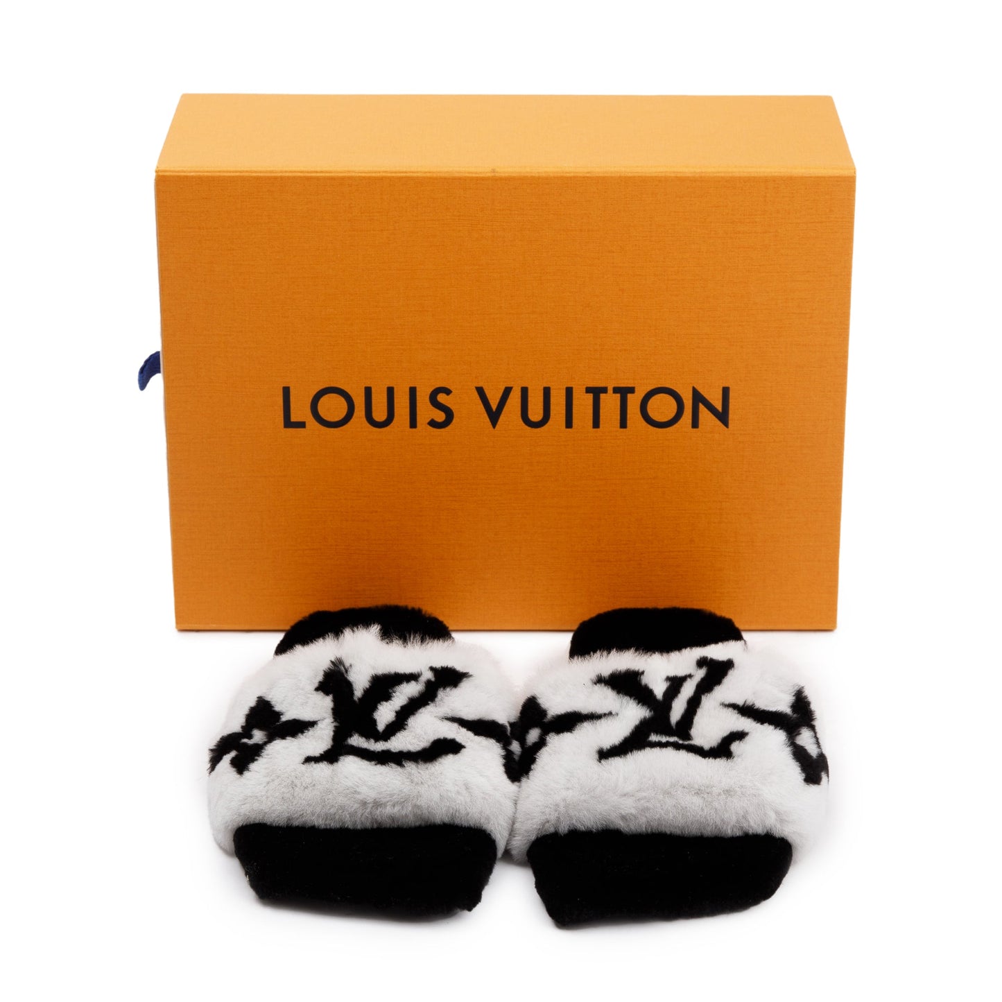 Louis Vuitton 2021 White/Black Monogram Print Fur Mink Flat Mules, Size 38