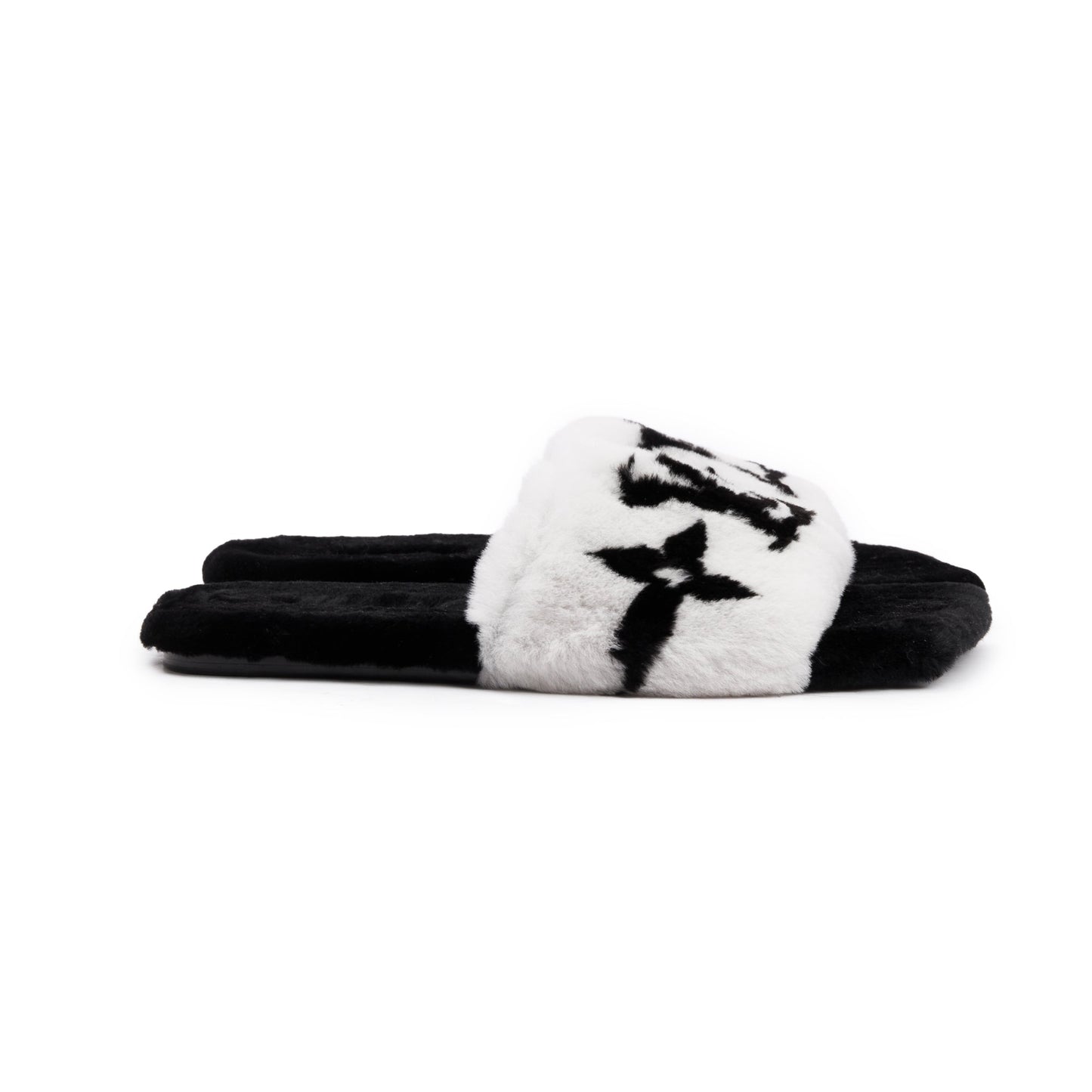 Louis Vuitton 2021 White/Black Monogram Print Fur Mink Flat Mules, Size 38